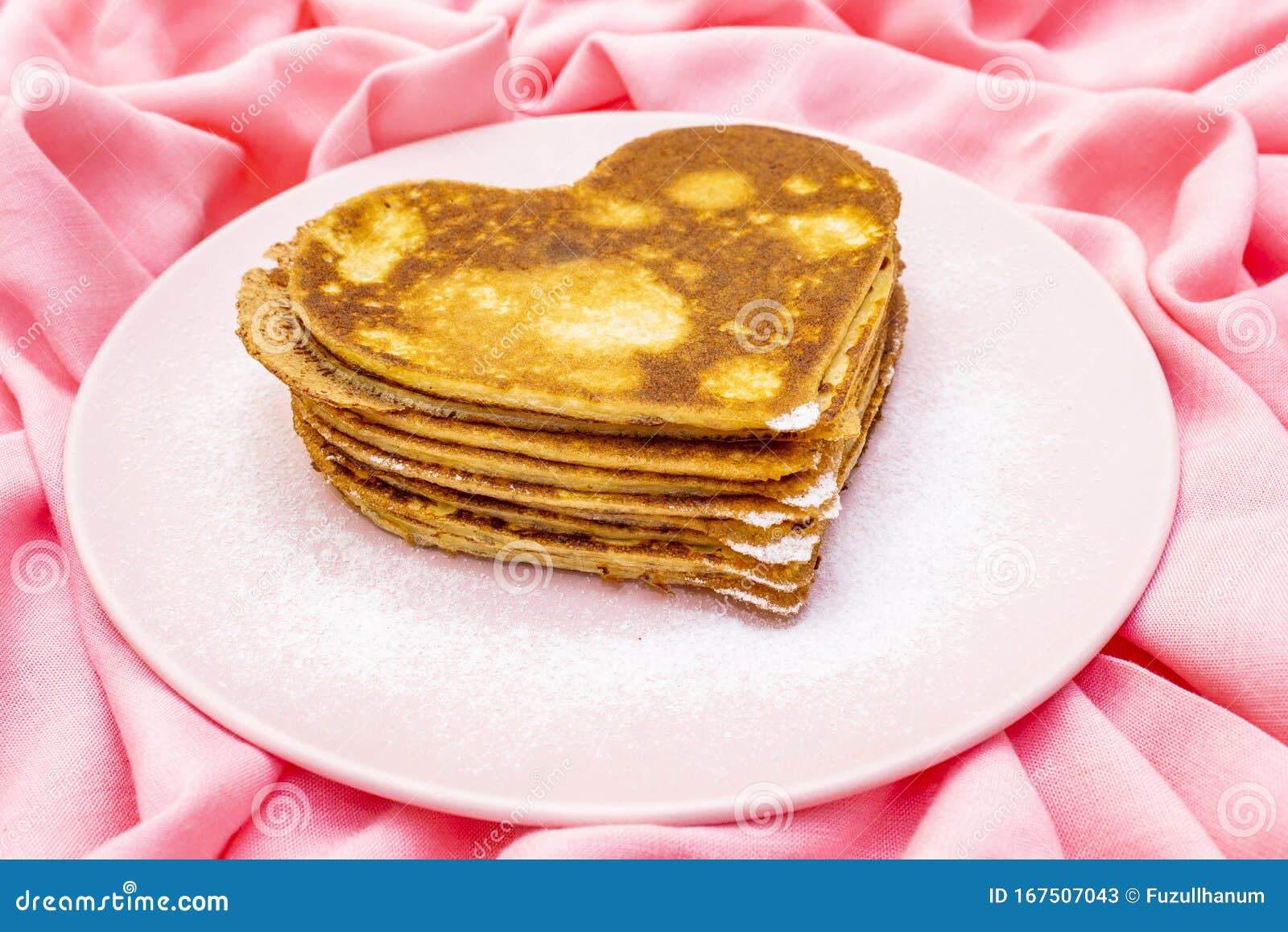 Heart Shaped Pancakes for Romantic Breakfast on Rosy Plate. Shrovetide ...