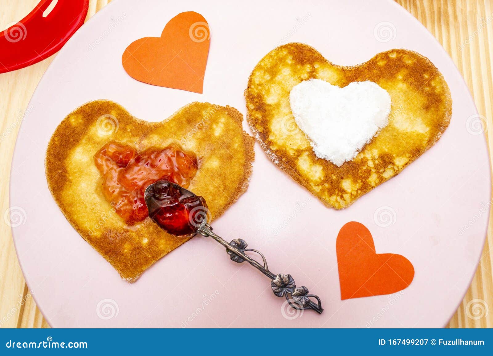 Heart Shaped Pancakes for Romantic Breakfast with Strawberry Jam ...