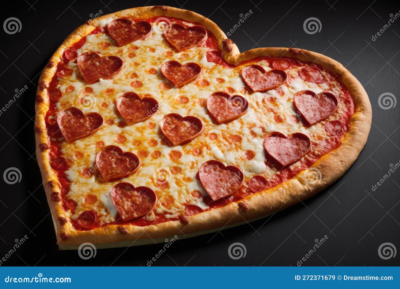 a heart-d pizza with a pepperoni edge, ready to be cut and served.
