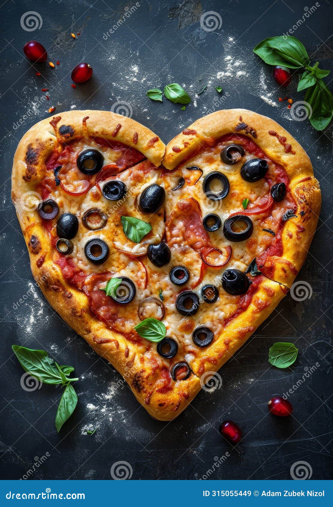 heart-d pizza with toppings on a dark background
