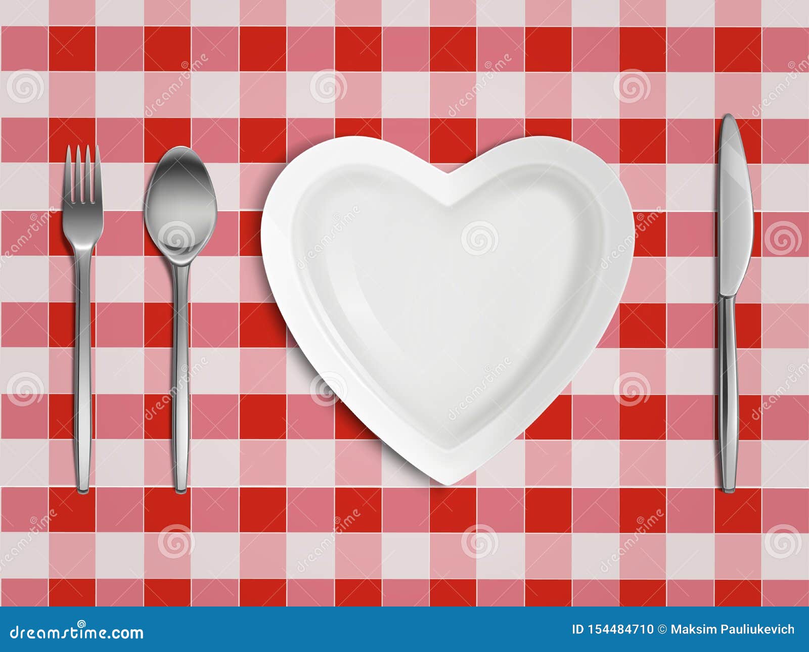 heart d plate, fork, spoon and knife top view