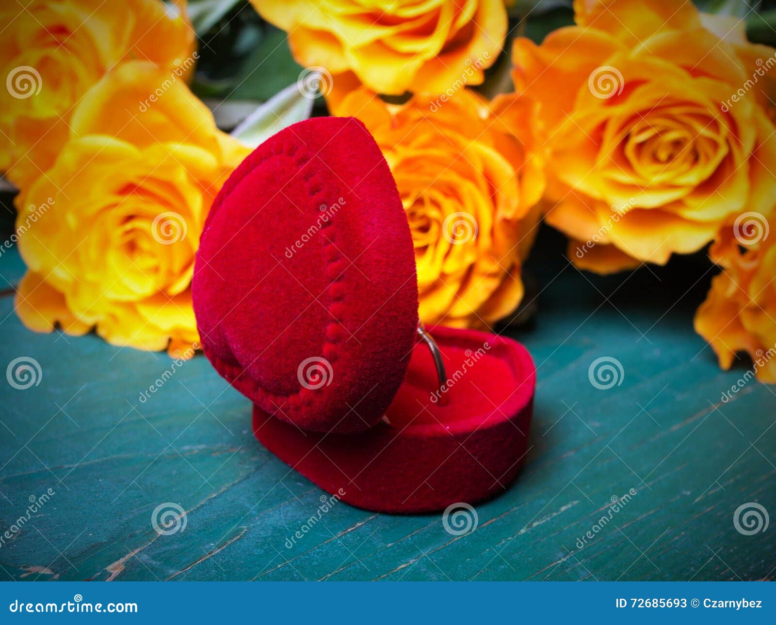 Heart Shaped Ring Box and Bouquet of Roses Stock Image Image of