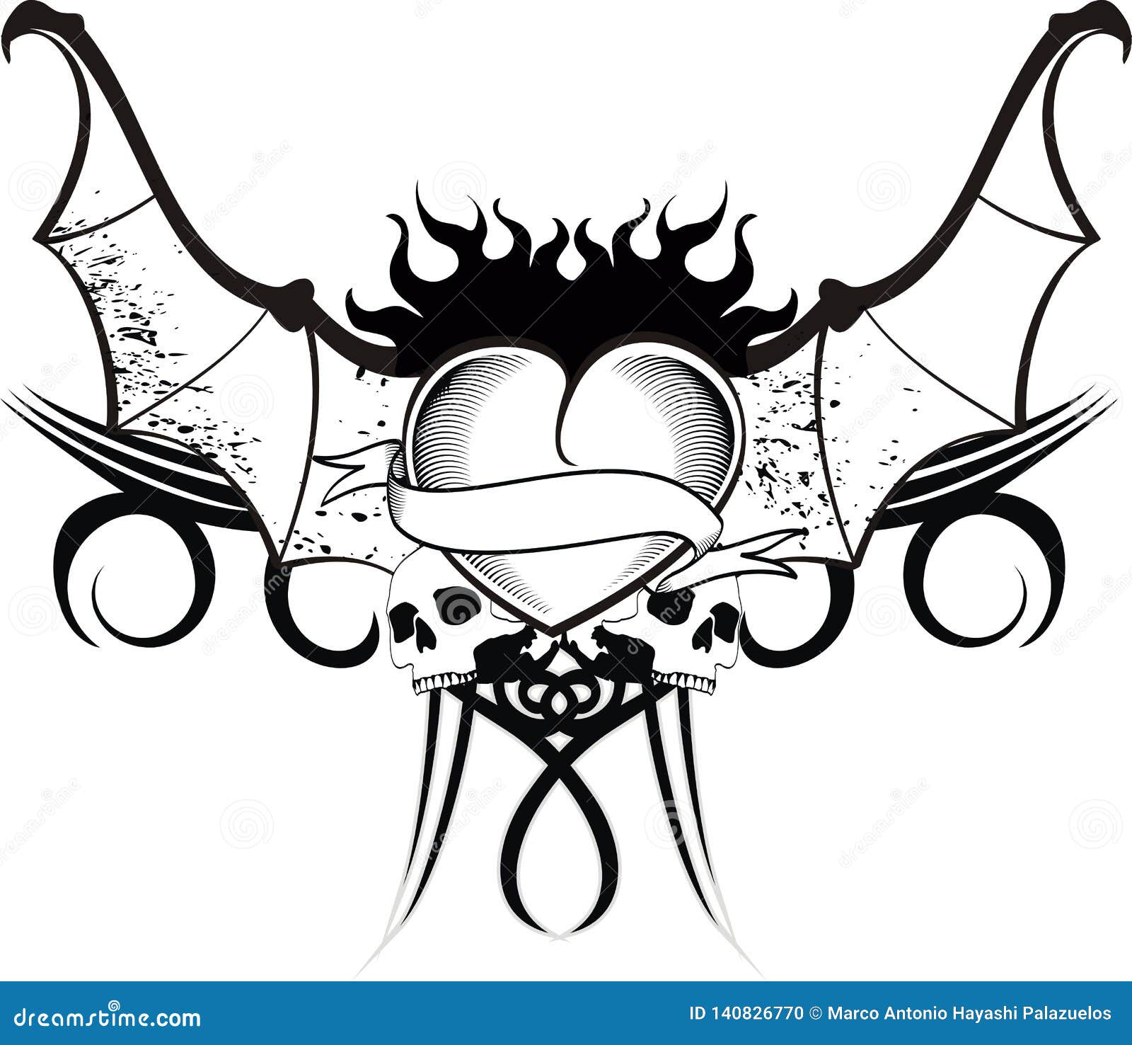 Heart Skull Bat Wings Tattoo Tribal Vector 5 Stock Vector - Illustration of  sketch, engraved: 140826770