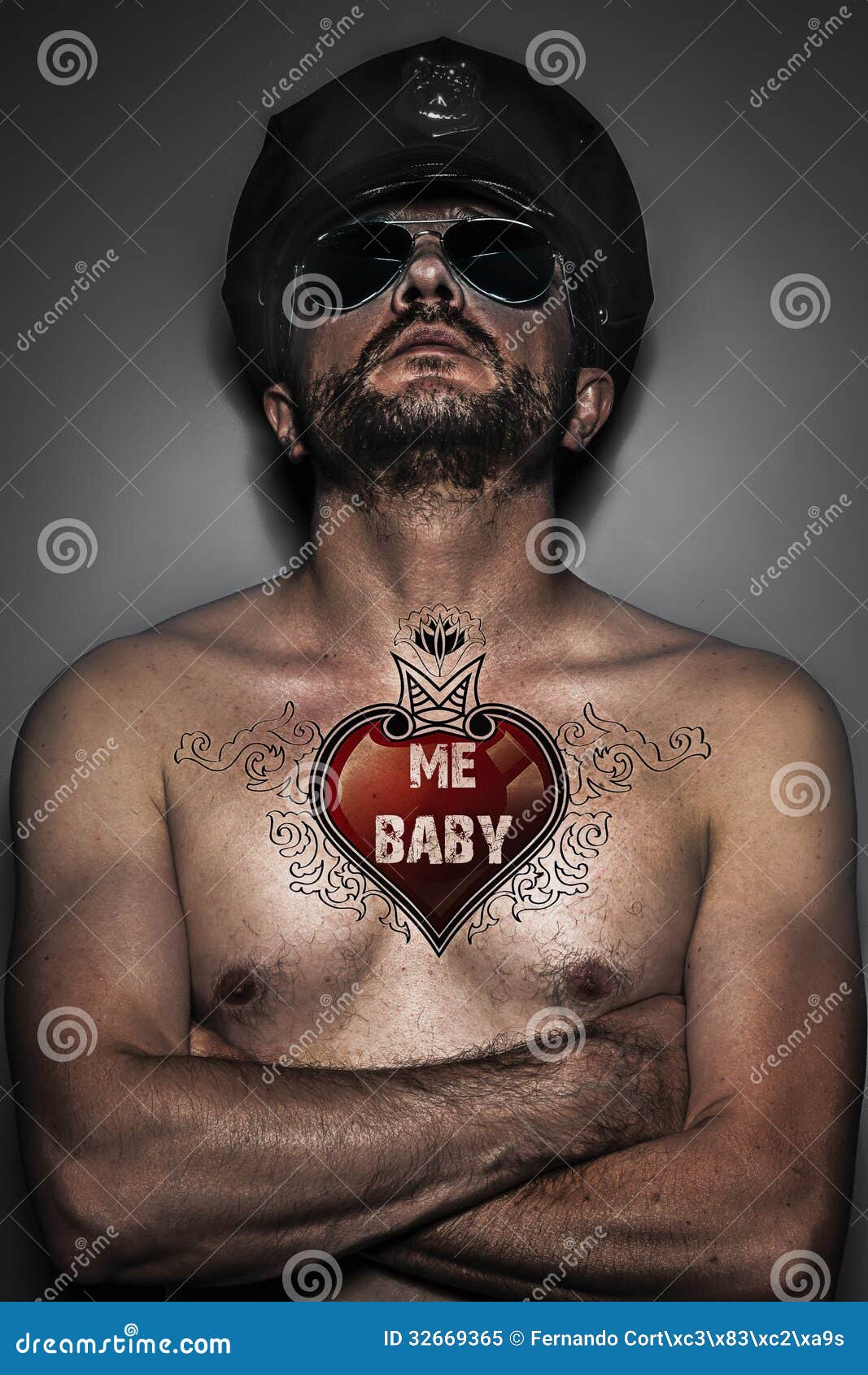 Heart Tattoo, Police Sexy, Naked Man With Cap And Glasses, Tatto