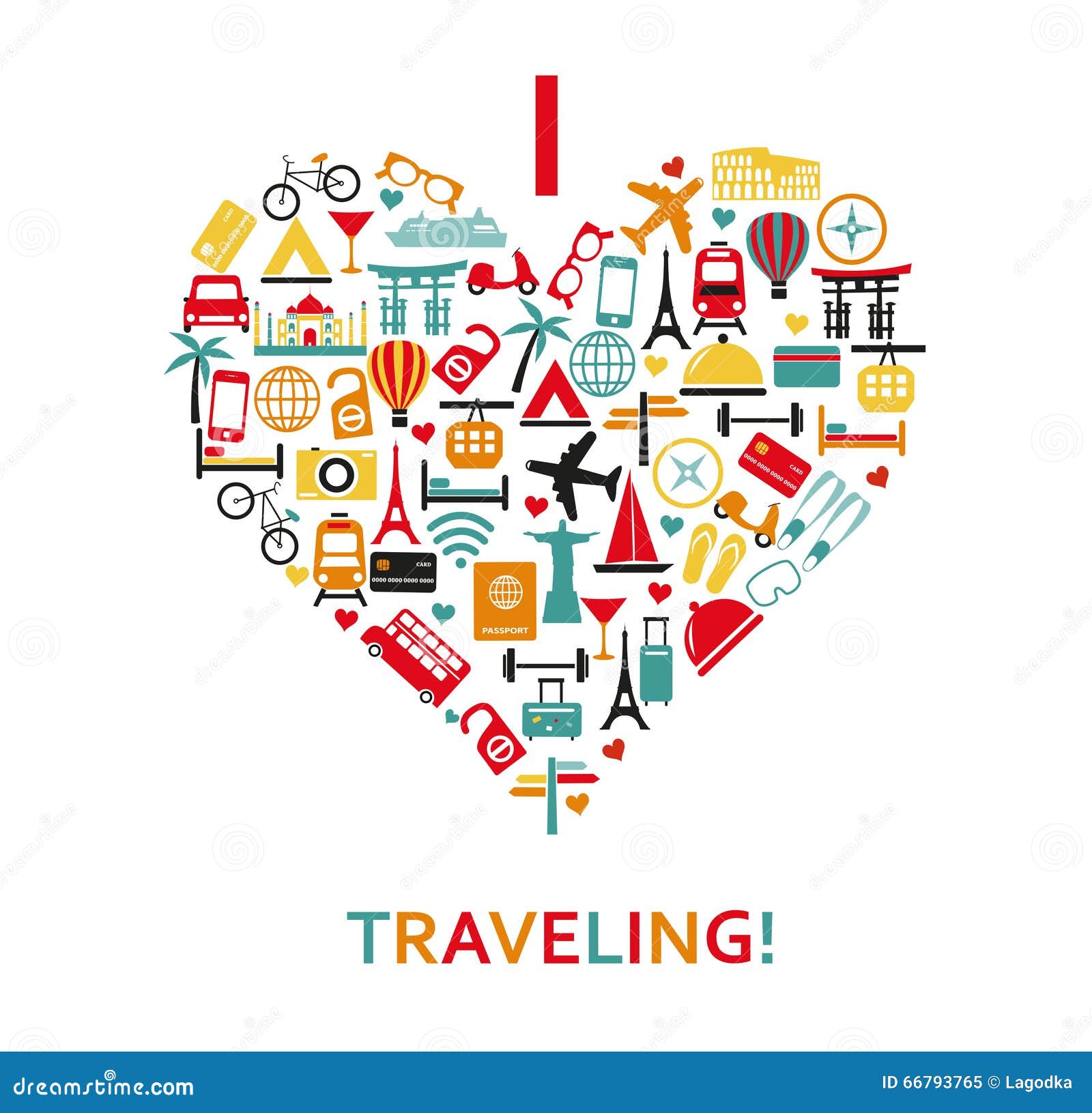 Heart from travel icons stock vector. Illustration of food - 66793765
