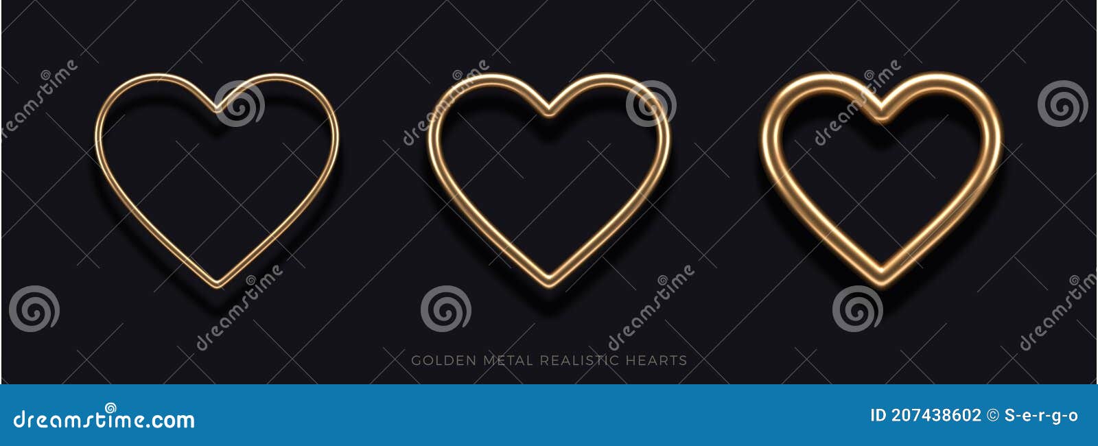 set of realistic 3d golden metal hearts with different thicknesses. decoration s for valentines day or wedding .
