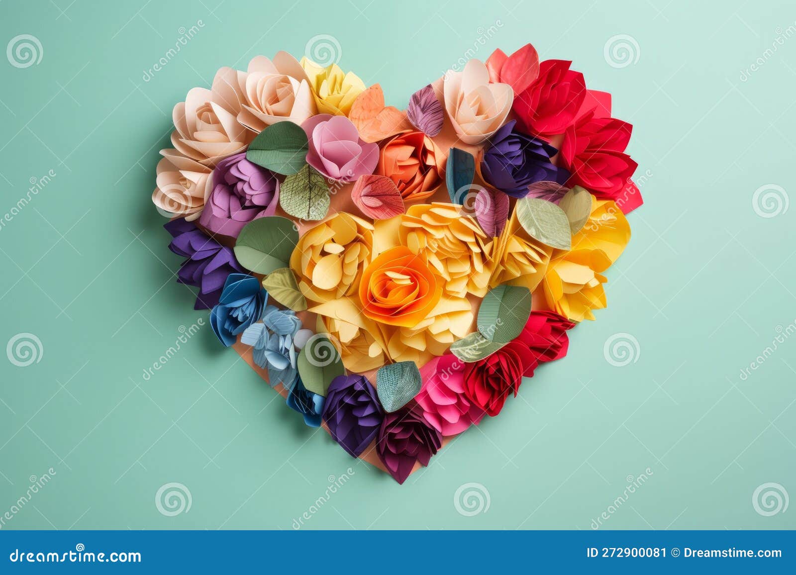 a heart wrapped in colorful flower petals, papercraft, on green background, generative ai