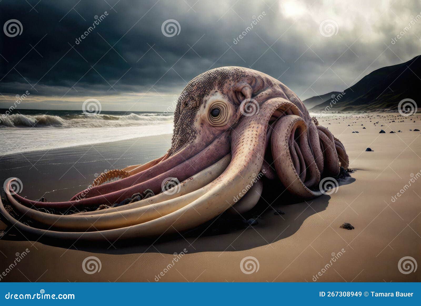 Massive Octopus Stranded on the Shore of the Beach, Climate Catastrophe