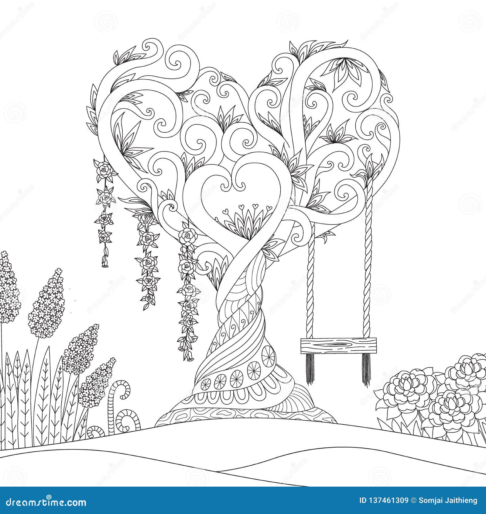 hearted  tree for   and coloring book. 