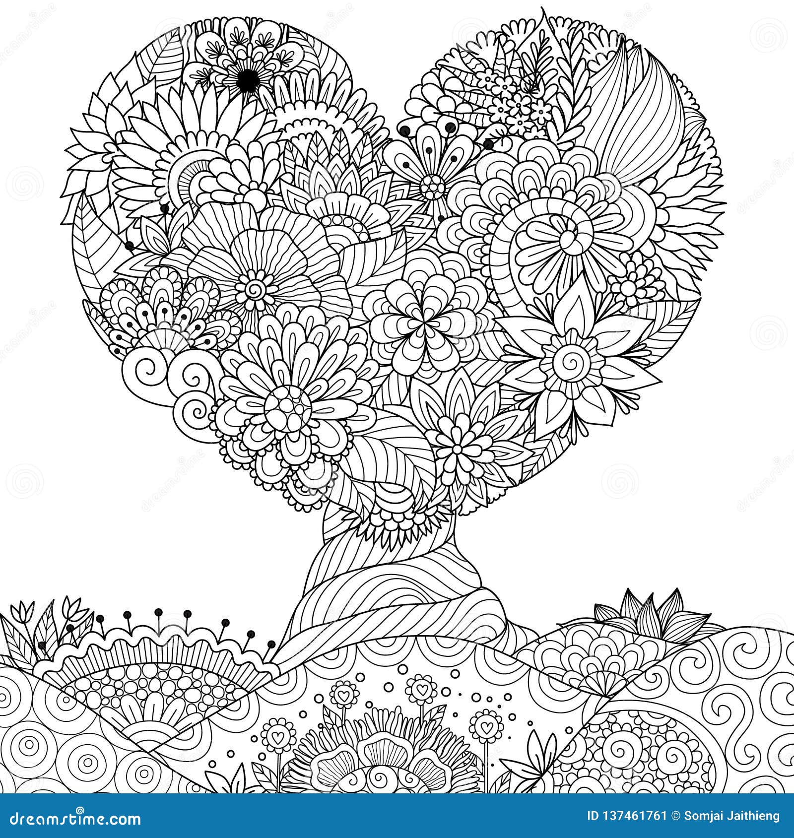 hearted  tree for lace, valentines card,wall sticker,coloring book, coloring page and other  .  illustrati
