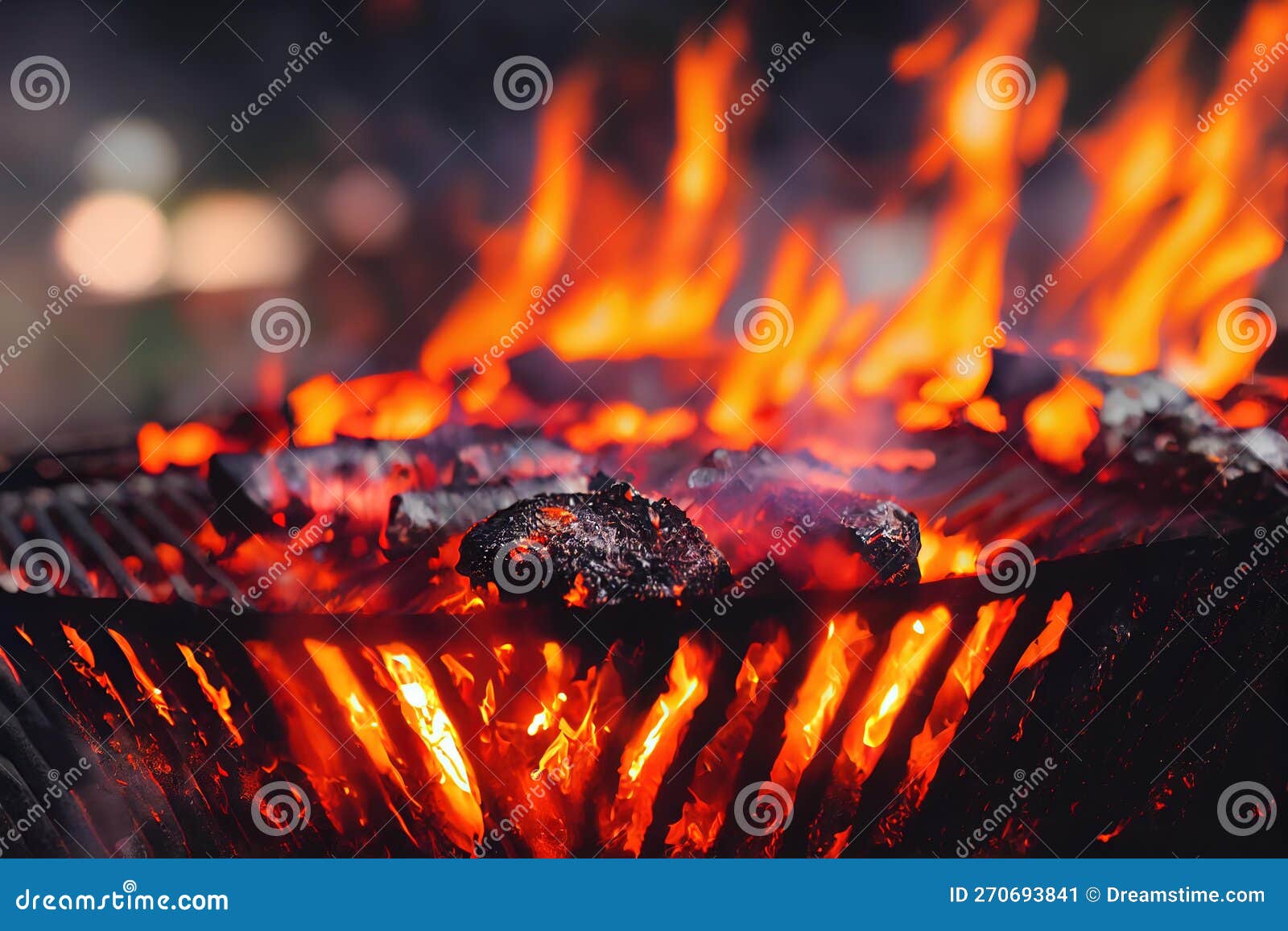 Hearth with Burning Charcoal Briquettes with Orange Flames. Stock