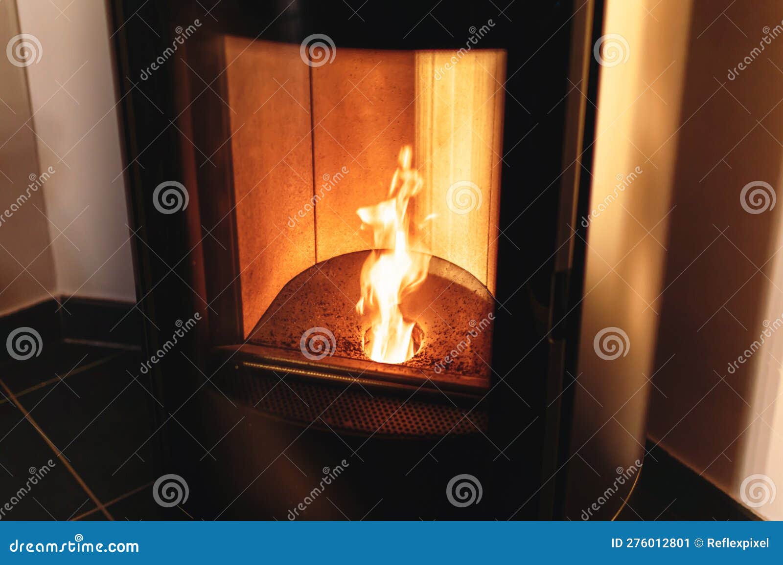 Hearth of a Pellet Stove, Granules Stove with Flames Stock Image
