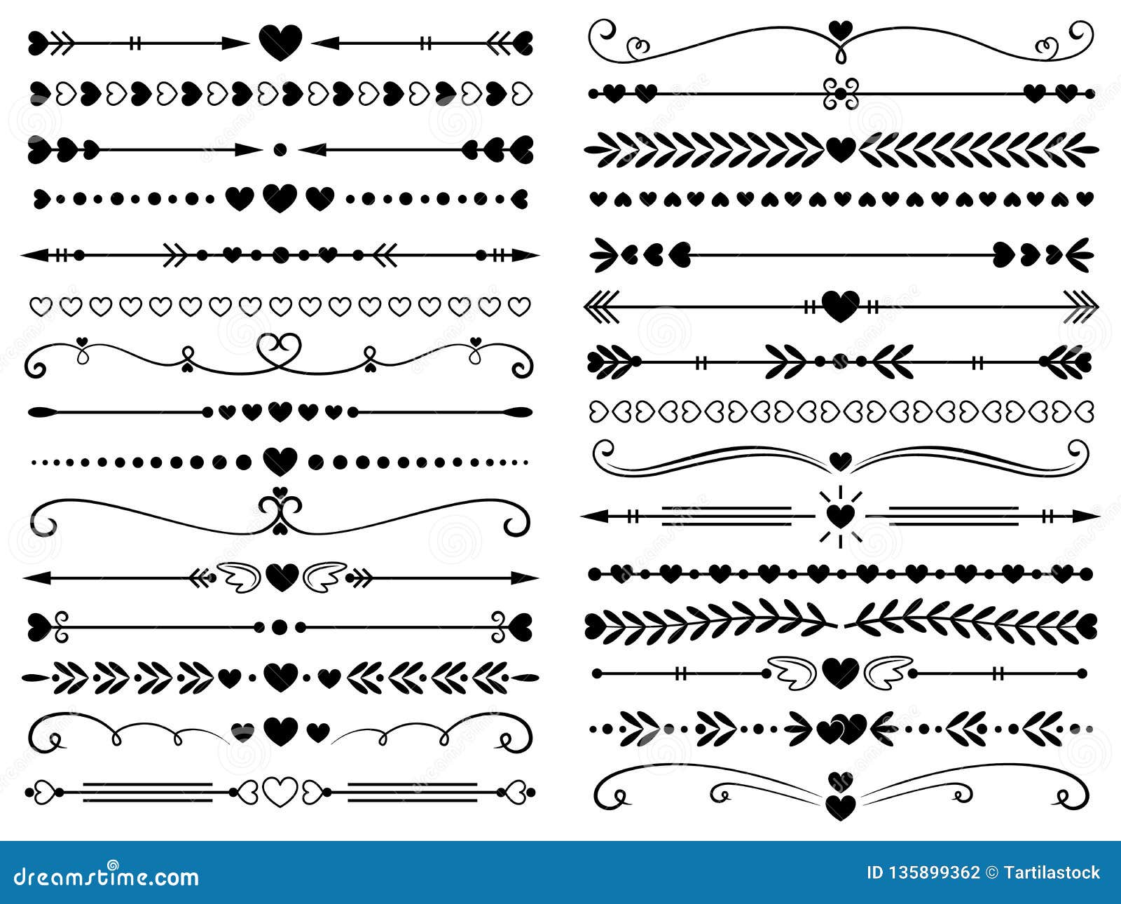 hearts border divider. love vintage decorative line separator, heart arrows and dotted separating lines  