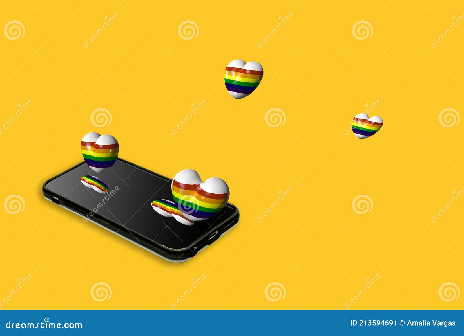 hearts covered with the lgbttiq flag floating in the air from the cell phone love and technology