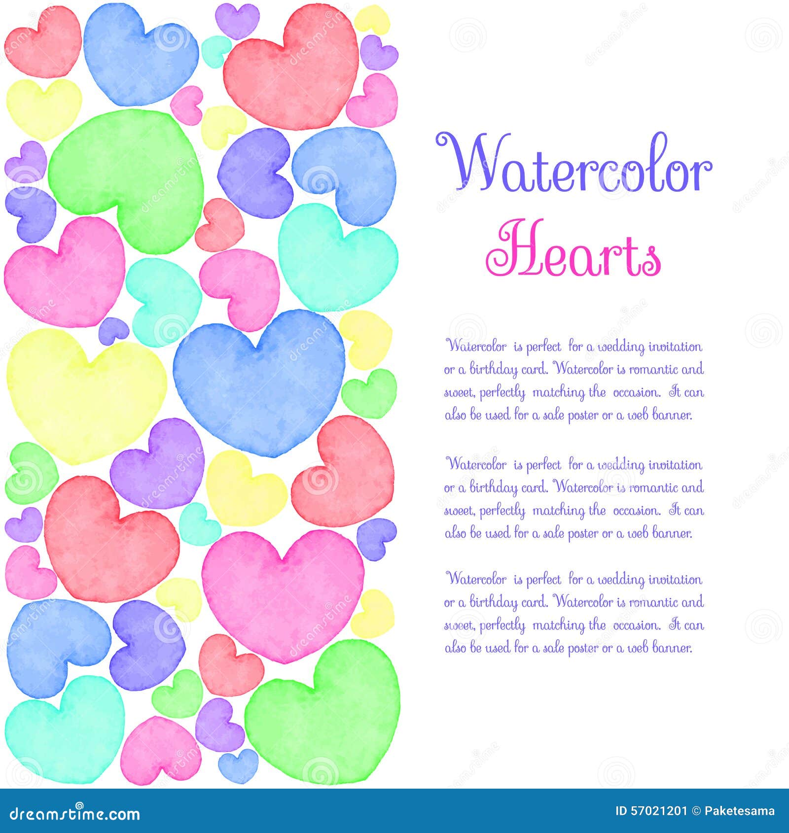 Hearts frame. Hand painted water color frame with hearts and text. Cute decorative template. Bright colorful border panels. Great for baby shower invitation, birthday card, scrapbooking etc. Vector illustration.