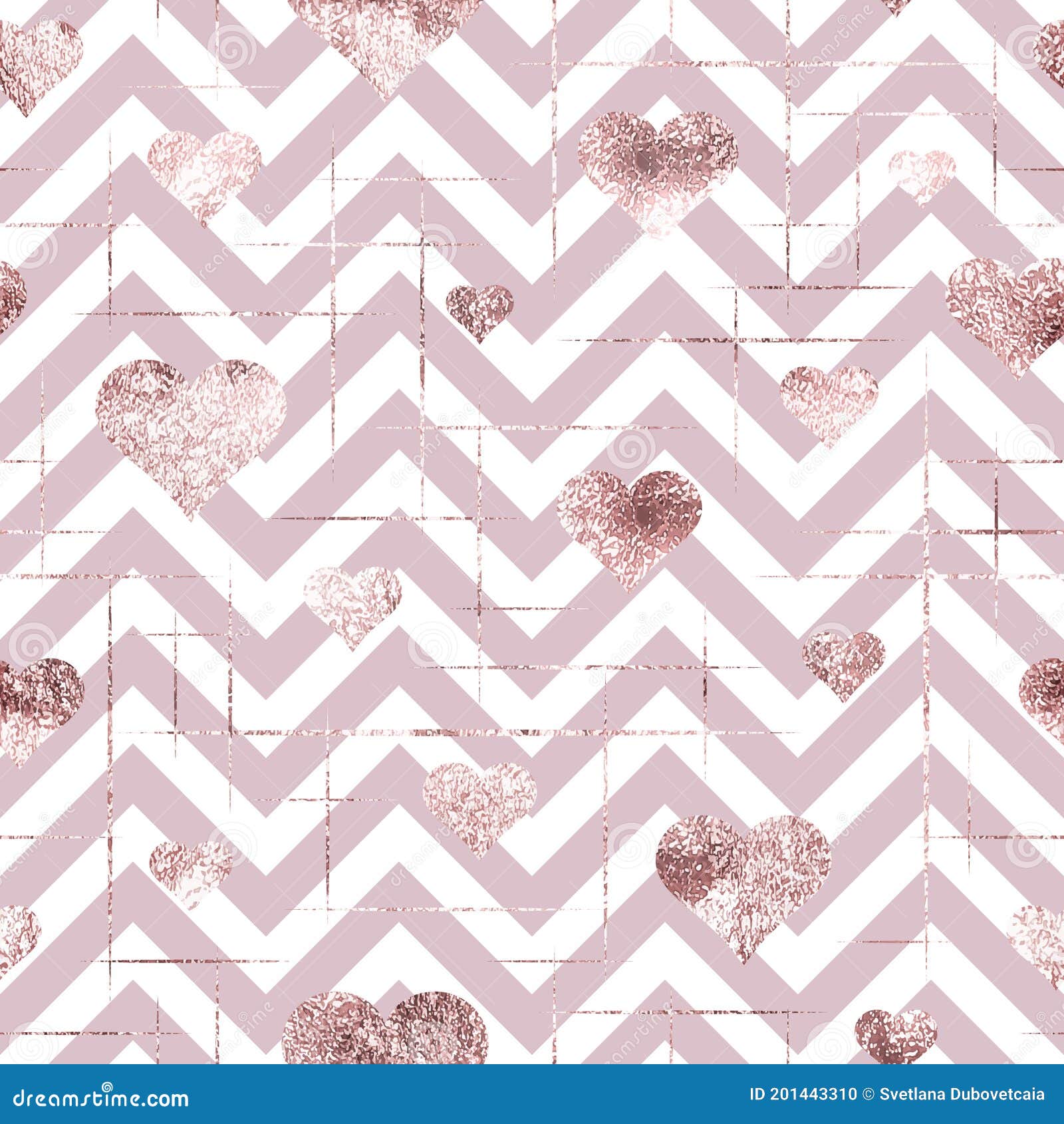 Hearts. Rose Gold Foil. Pink Seamless Pattern Heart. Chevrons 