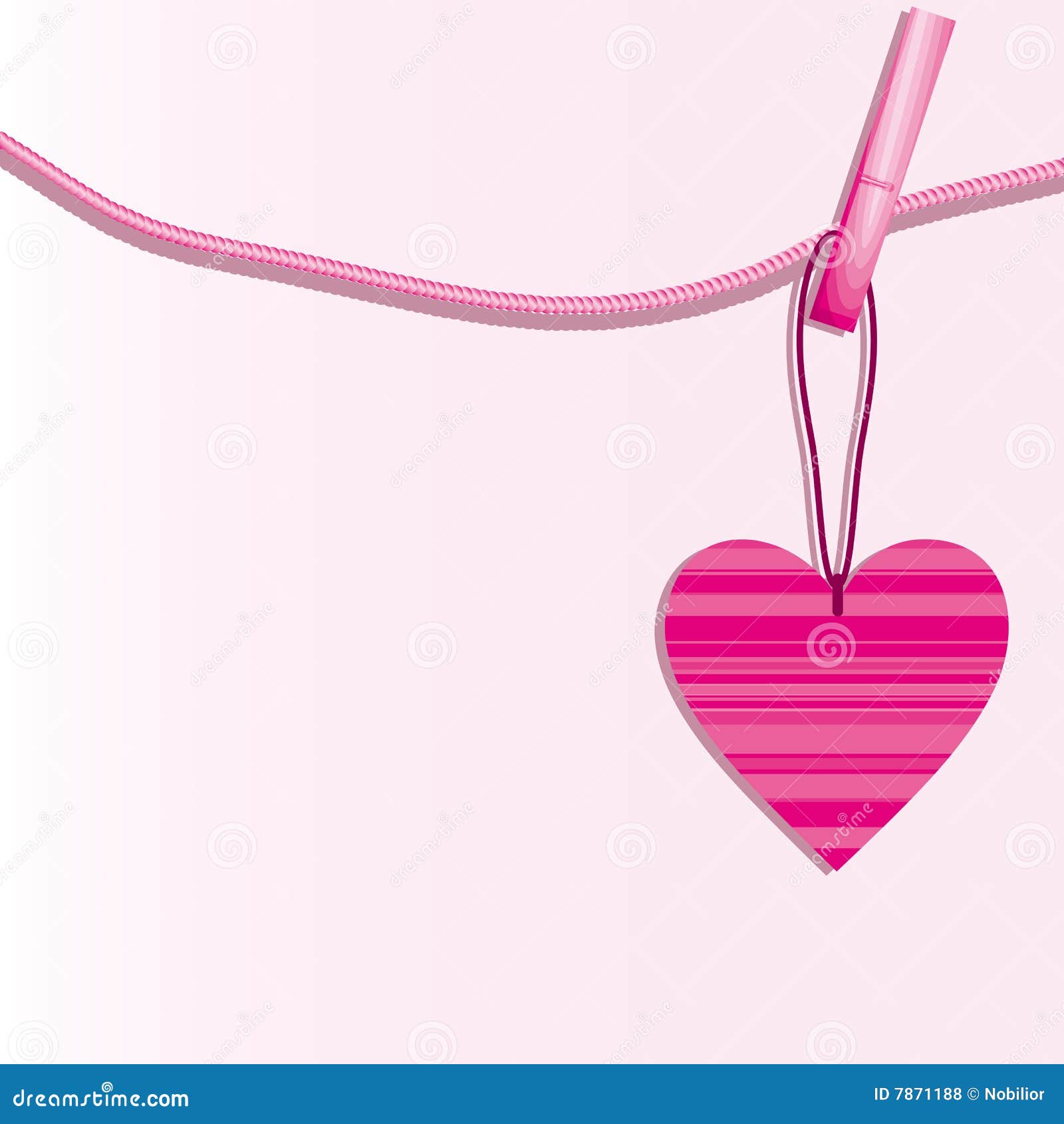 Pink string with pink red blue hearts beads on white background