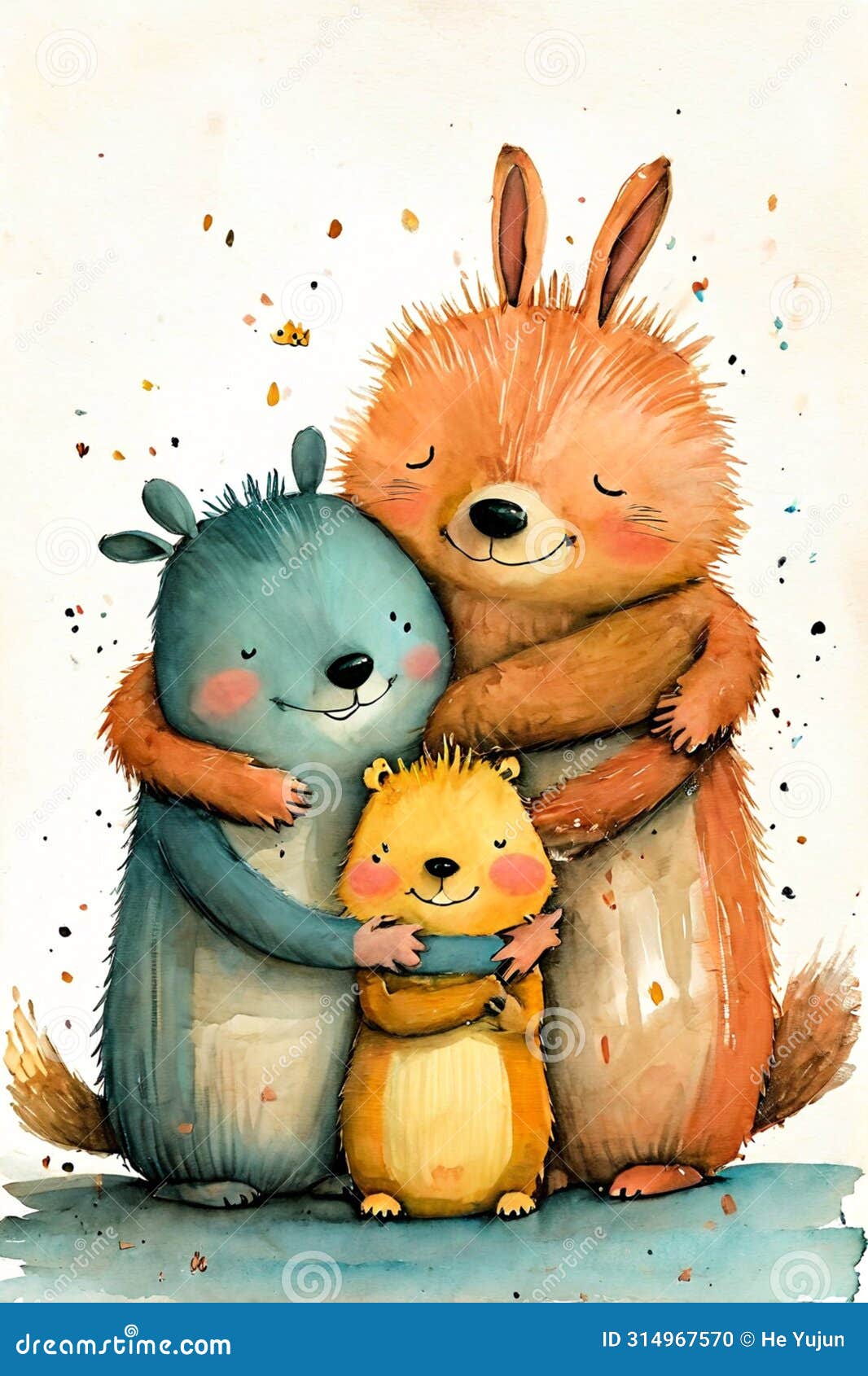 cuddly cartoon animals trio in a warm embrace