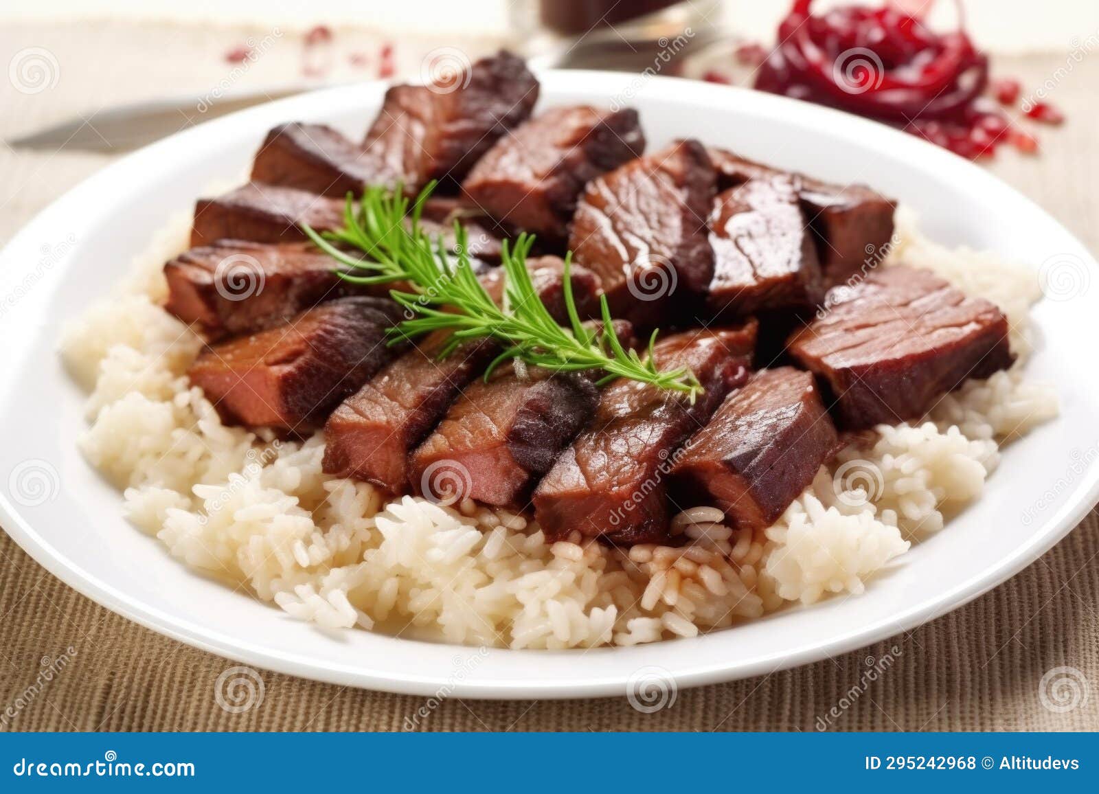 Hearty Brisket Slices Served Over Plain White Rice Stock Photo Image