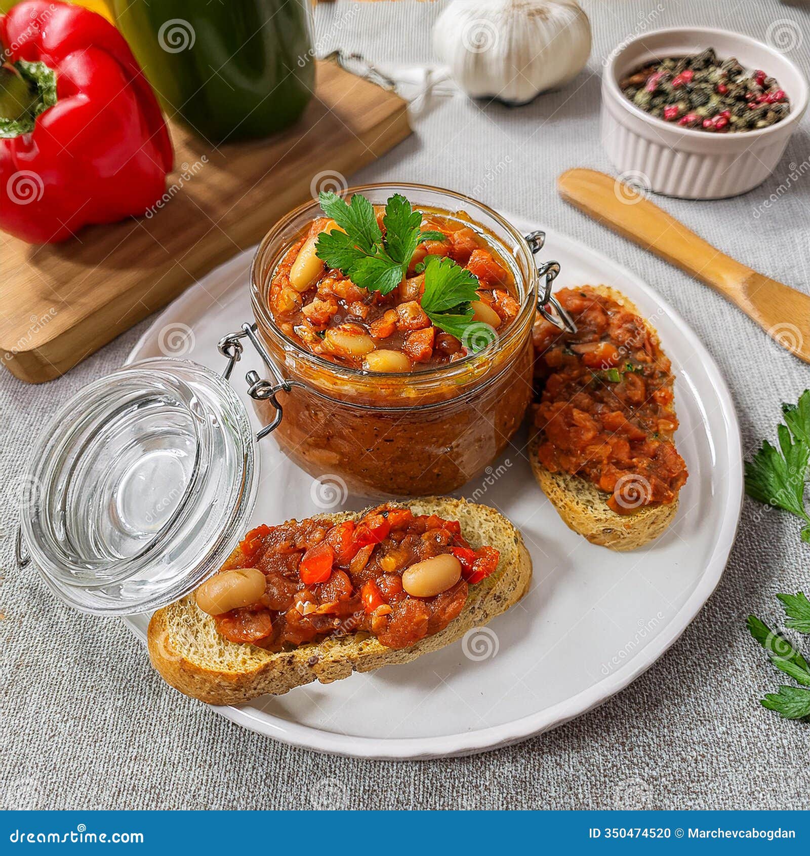 hearty romanian bean spread with onions peppers tomatoes. ai content generation.