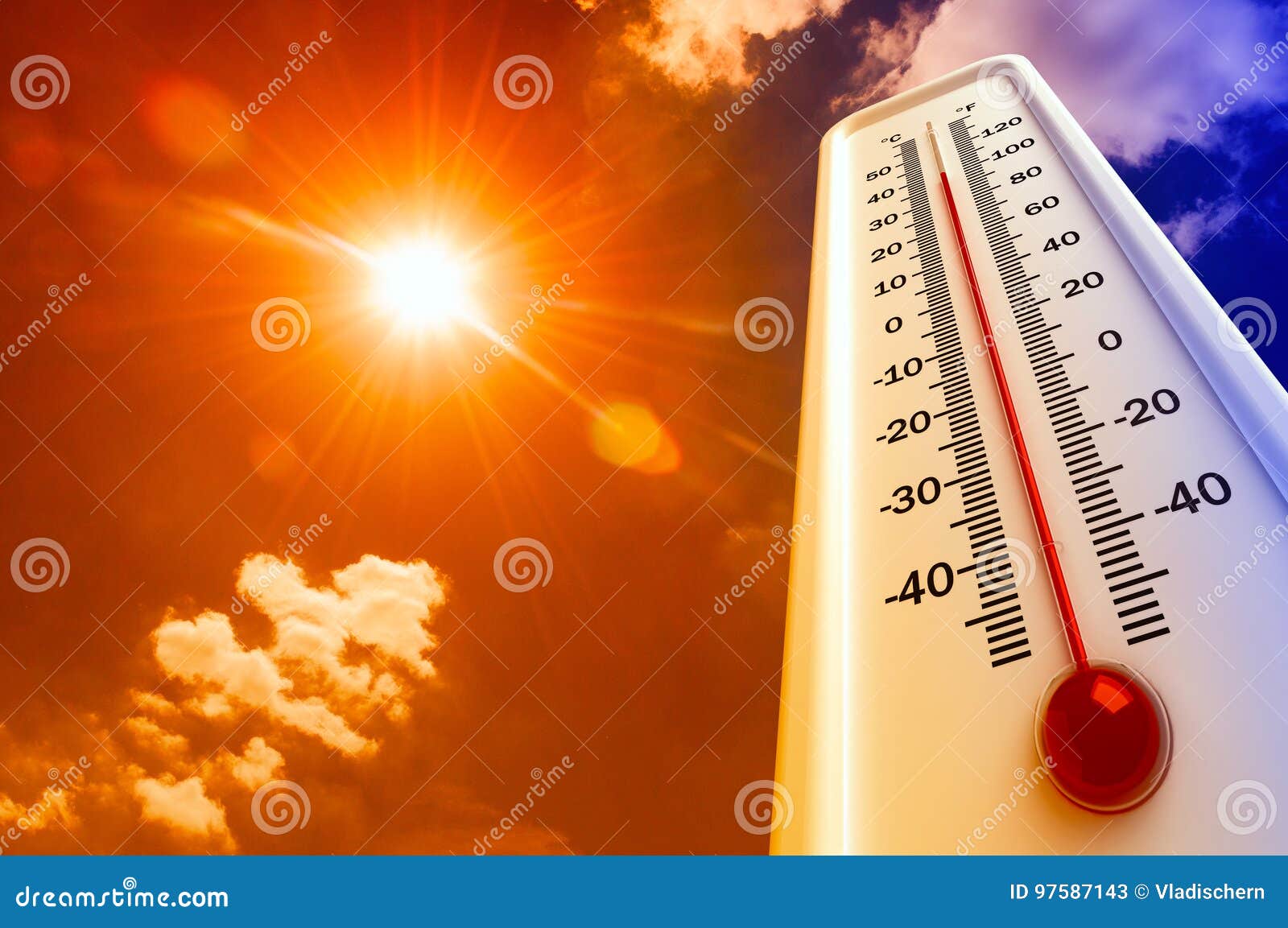 heat, thermometer shows the temperature is hot in the sky, summer