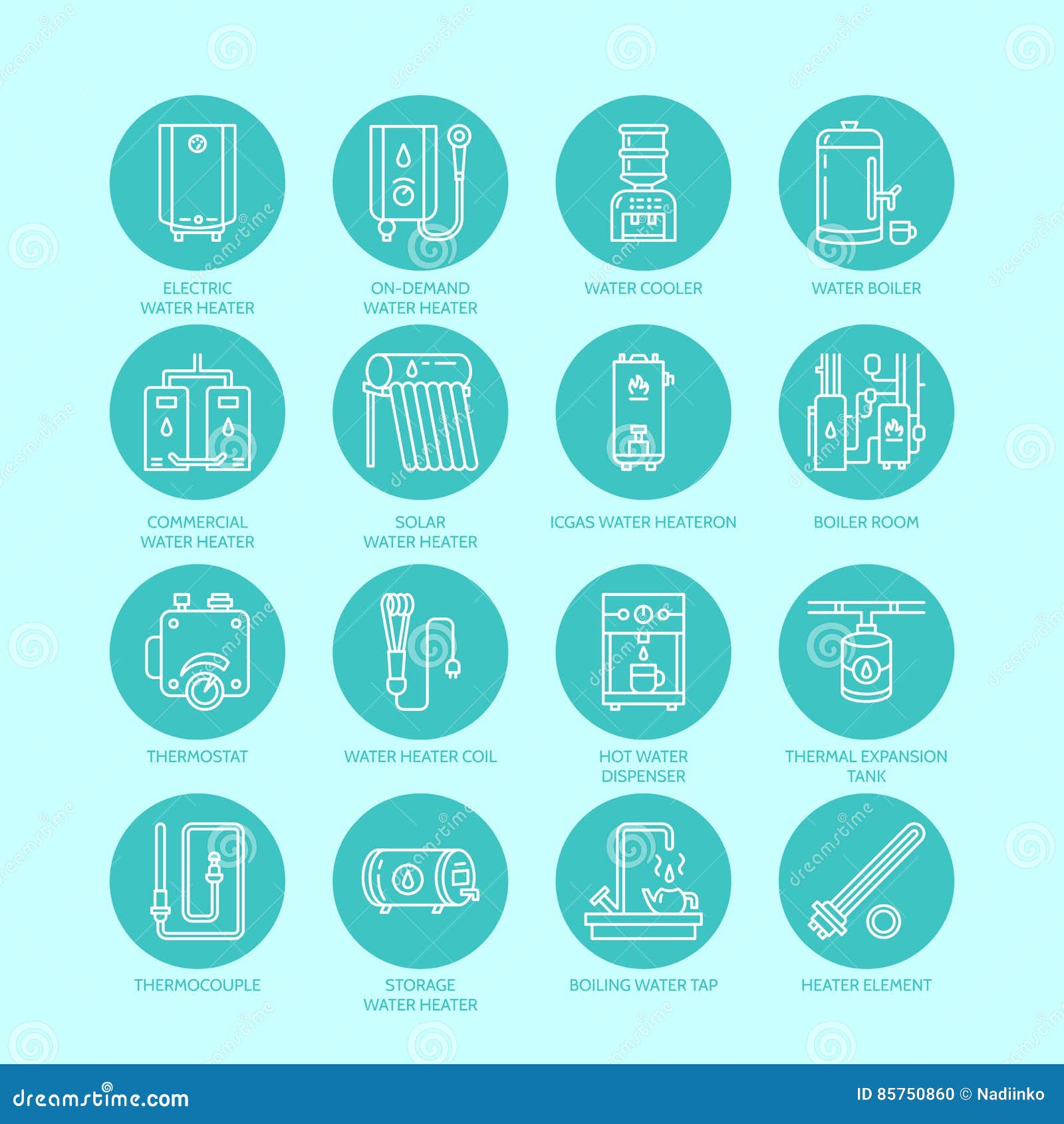 heater, water boiler, thermostat, electric, gas, solar heaters and other house heating equipment line icons. thin linear