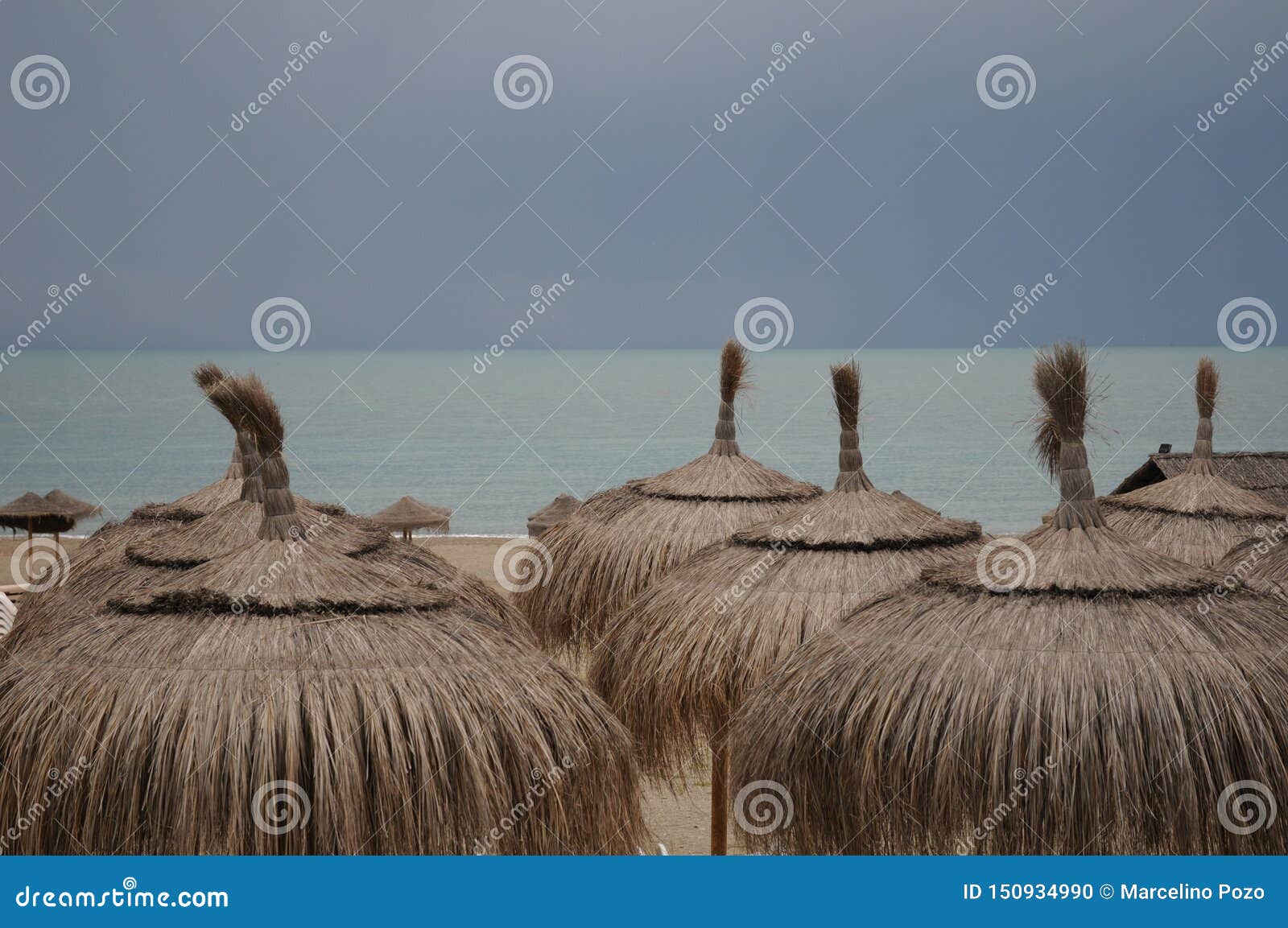 heather umbrellas on the beach sand