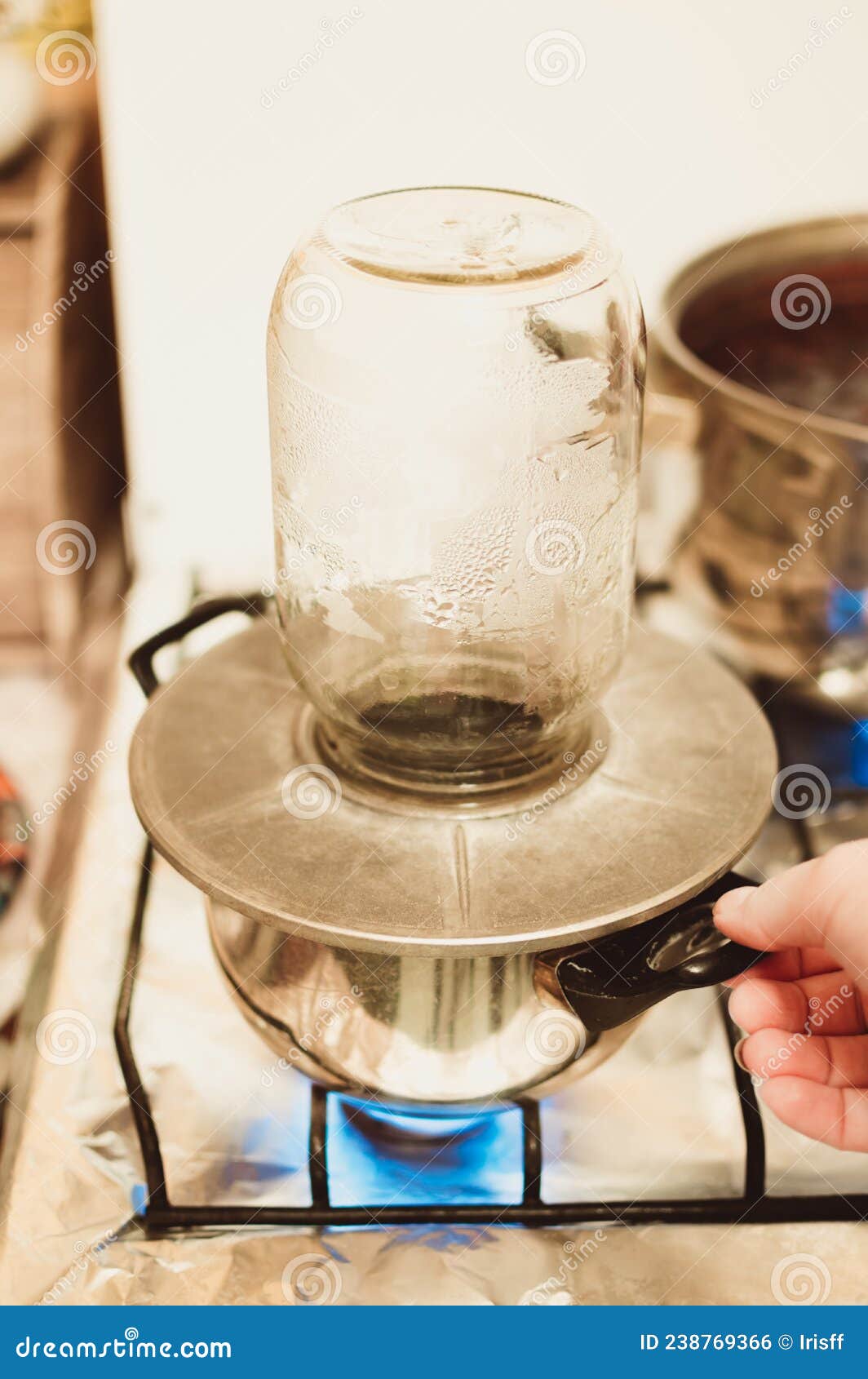 Heating Glass Jar for Jam Preservation on Gas Stove Stock Photo Image
