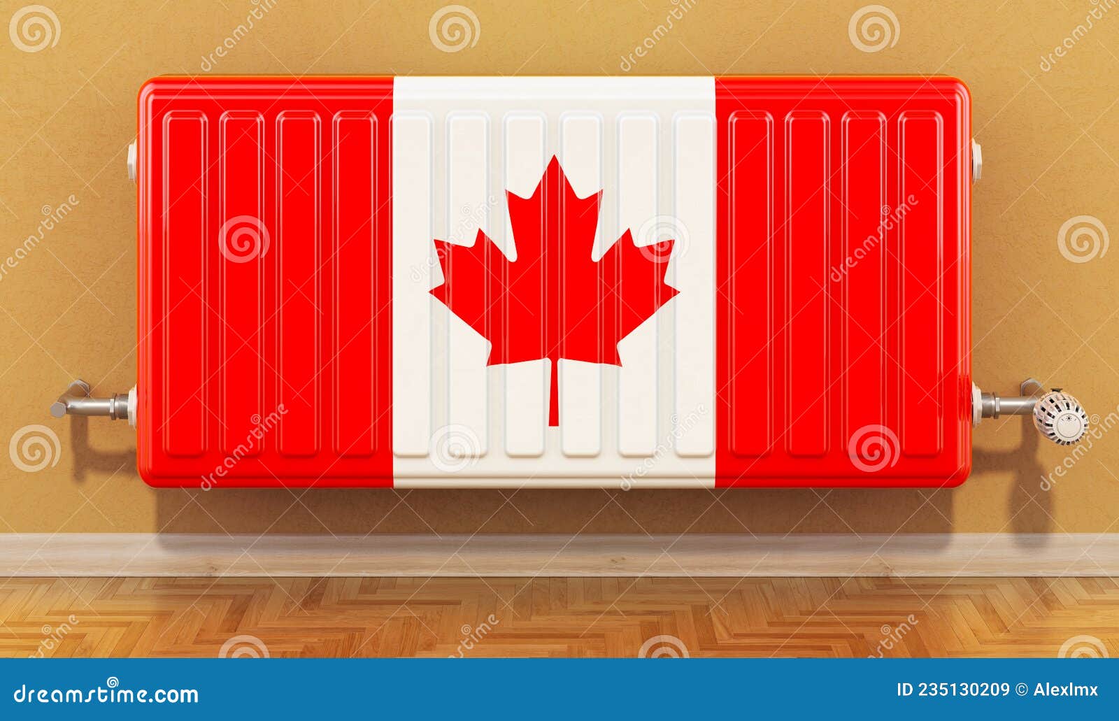 Heating Radiator with Canadian Flag on the Wall. Heating in Canada. 3D