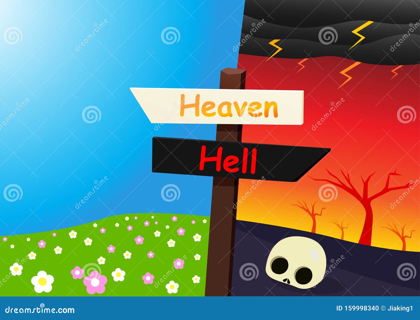 Heaven And Hell Landscape With Signpost Vector Art Stock Vector Illustration Of Hell Bible
