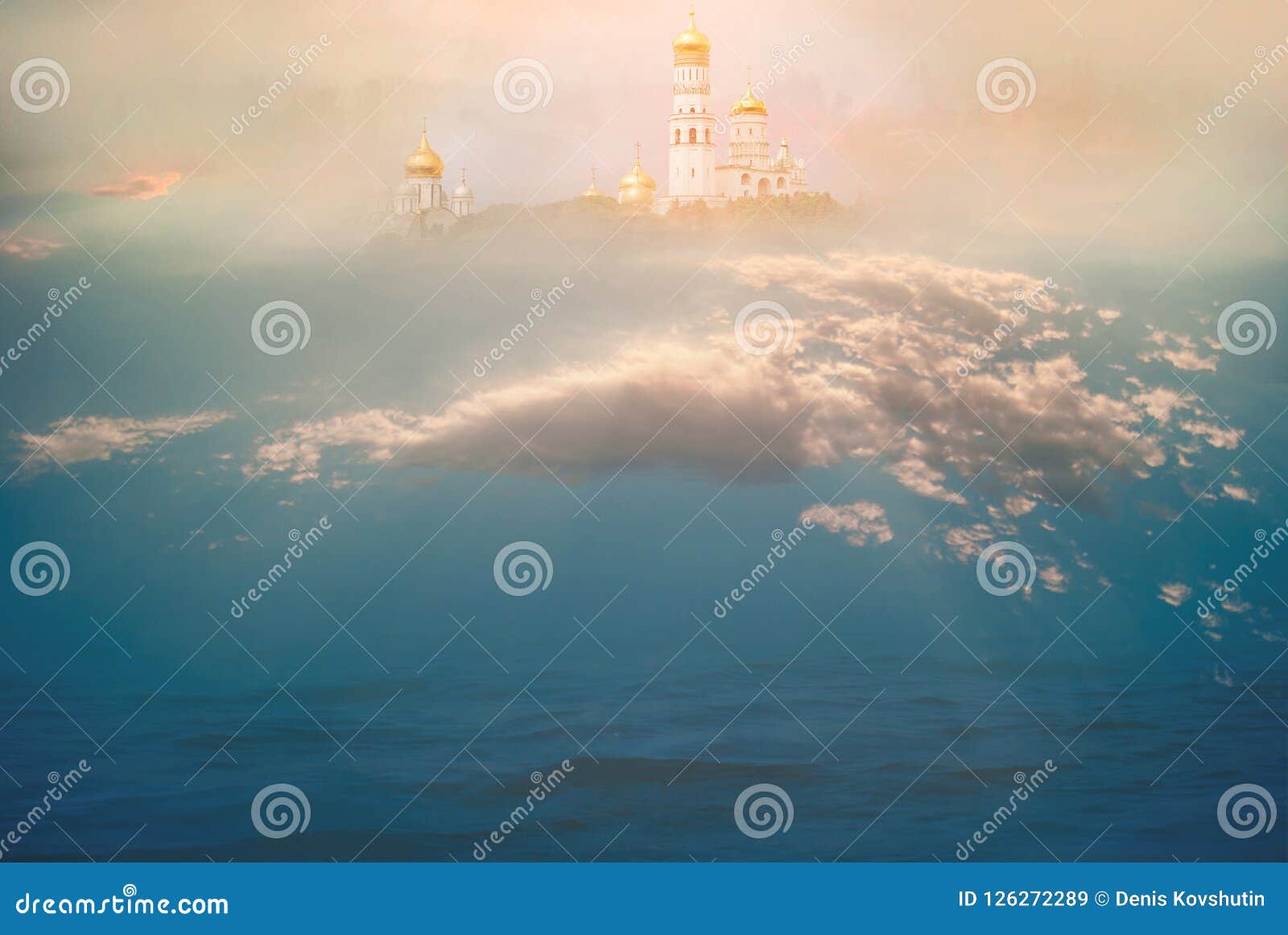 heavenly temple in the clouds above the ocean. the concept of christian and catholic religion and faith. the majestic background