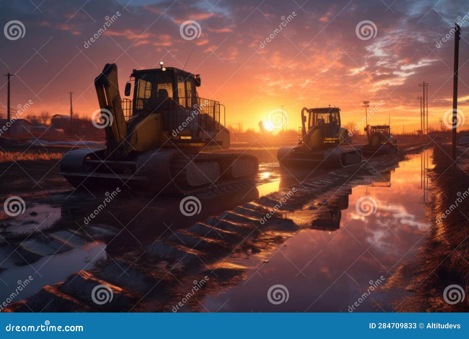 Heavy Machinery Working on the Levee Repair during Sunset Stock Image