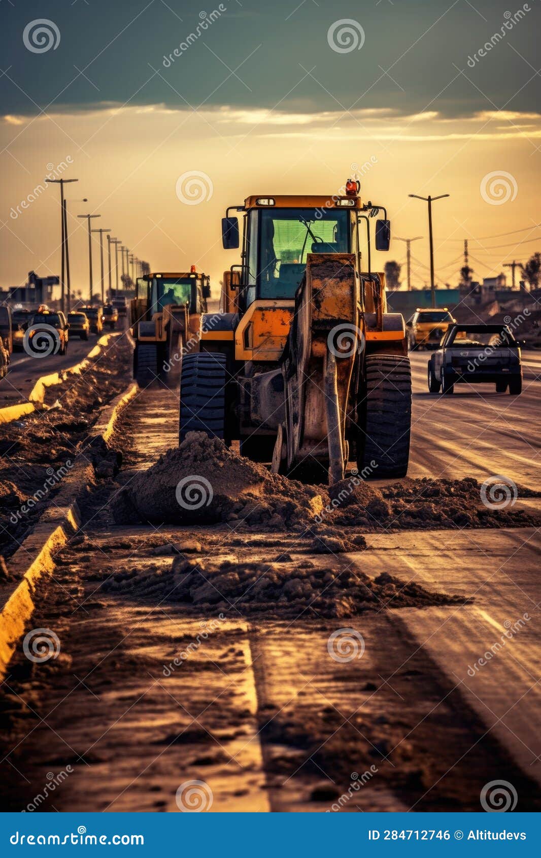 Heavy Machinery Working on a Road Construction Project Stock Photo