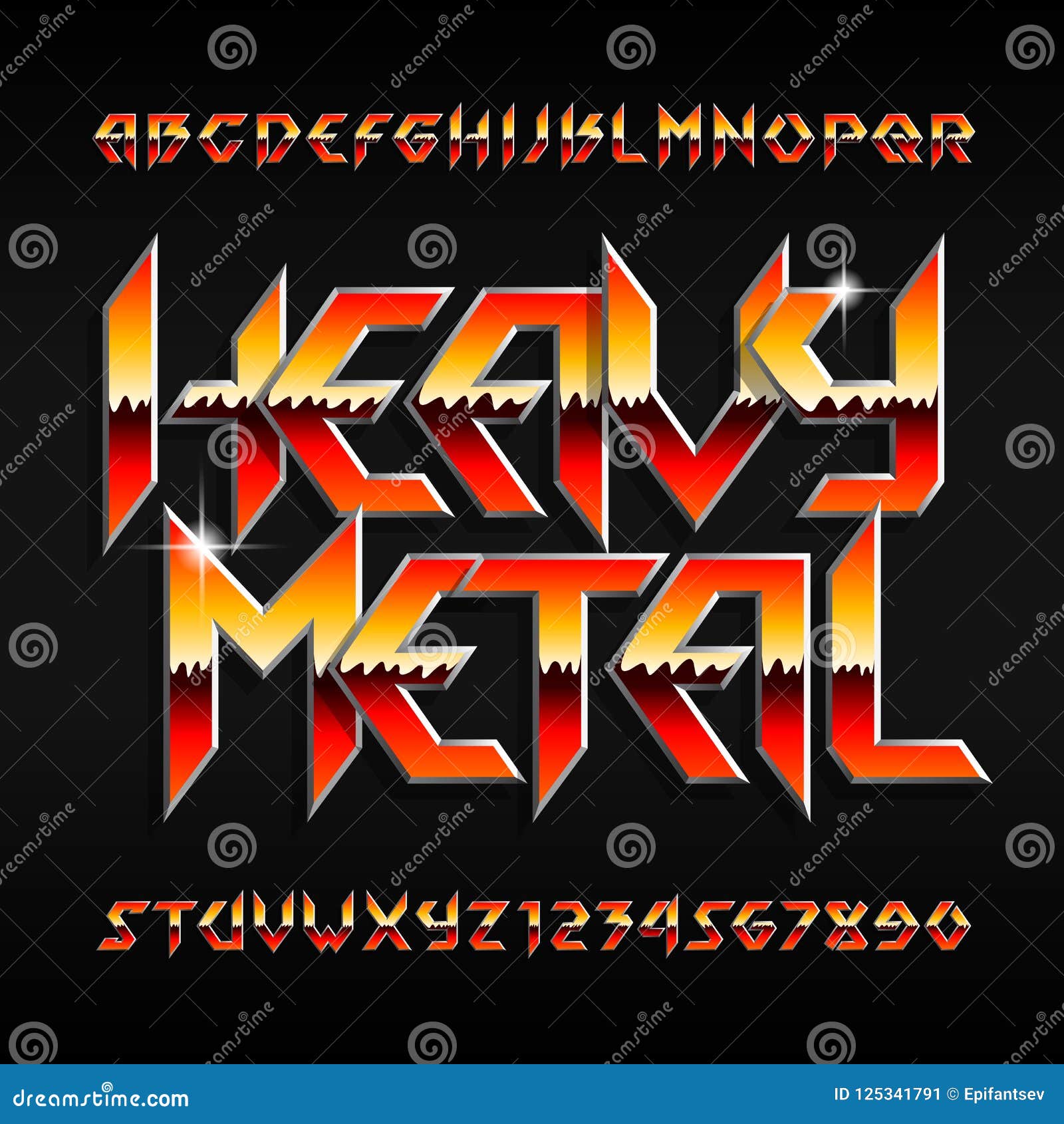 heavy metal alphabet font. shiny letters and numbers in hard rock style.