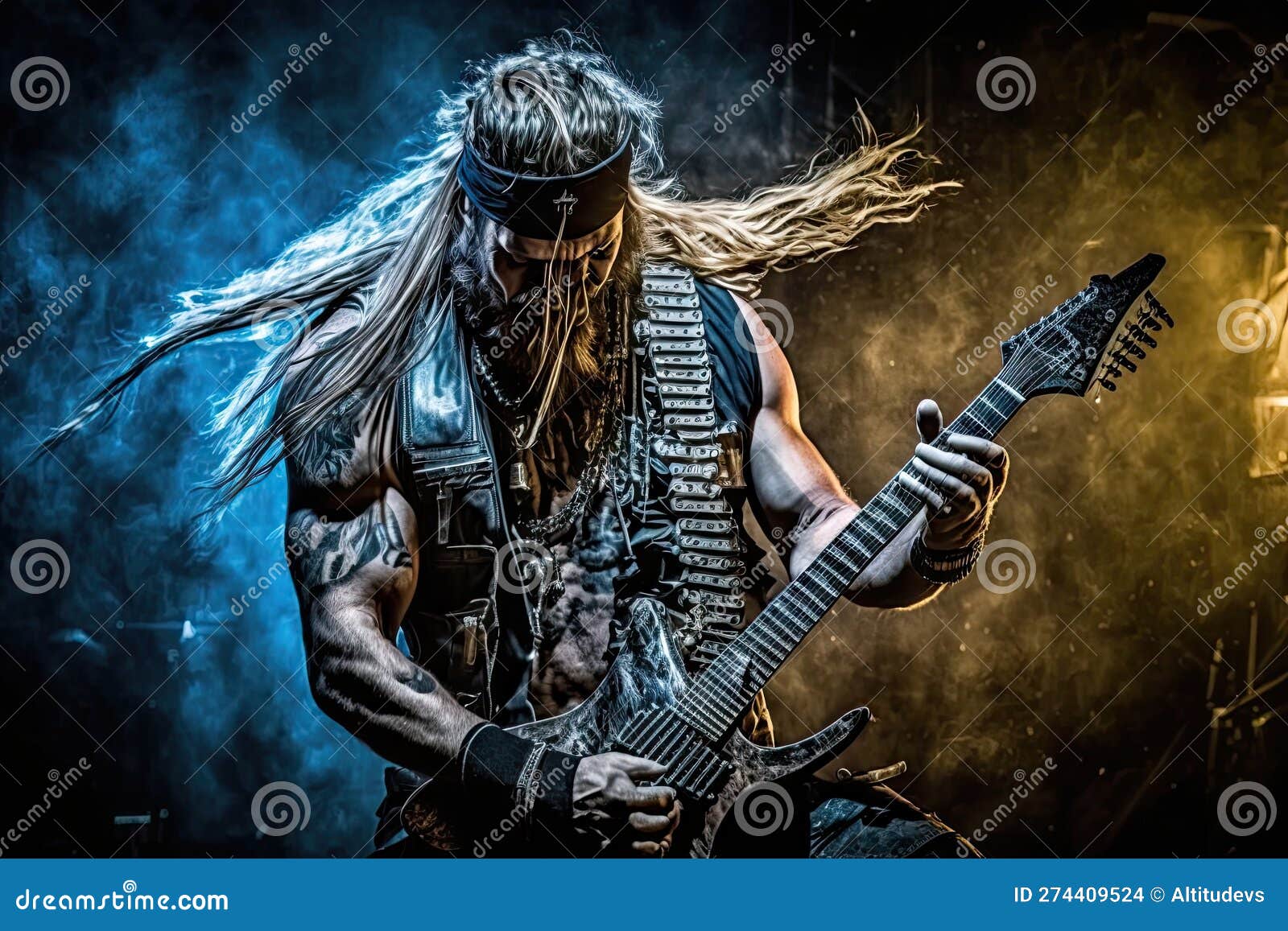 Heavy Metal Guitarist, with Their Instrument and Gear in the Background,  Performing Live Stock Illustration - Illustration of guitar, generated:  274409524