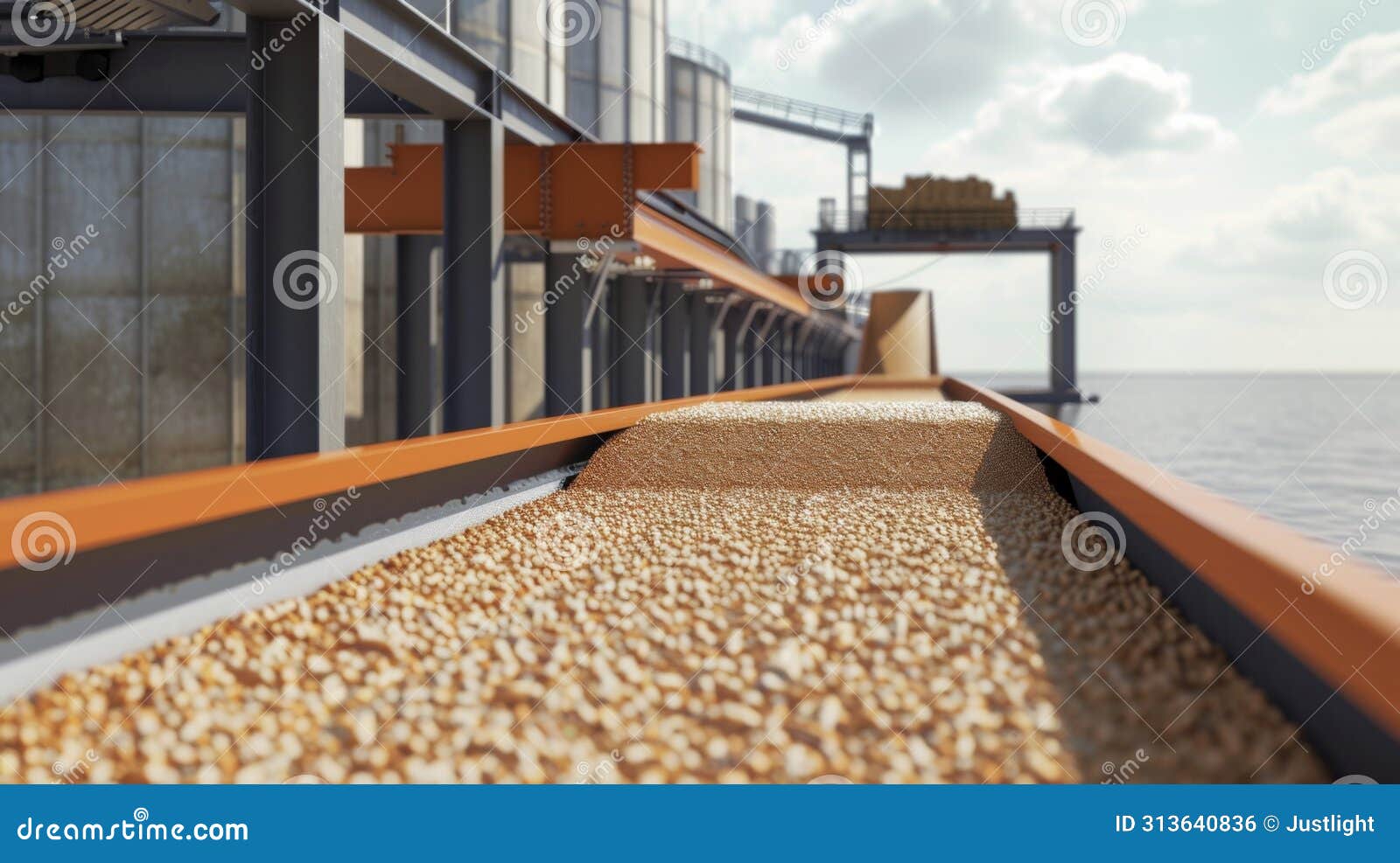 a heavyduty conveyor belt system is shown in action easily and swiftly transporting grains from dock to ship with