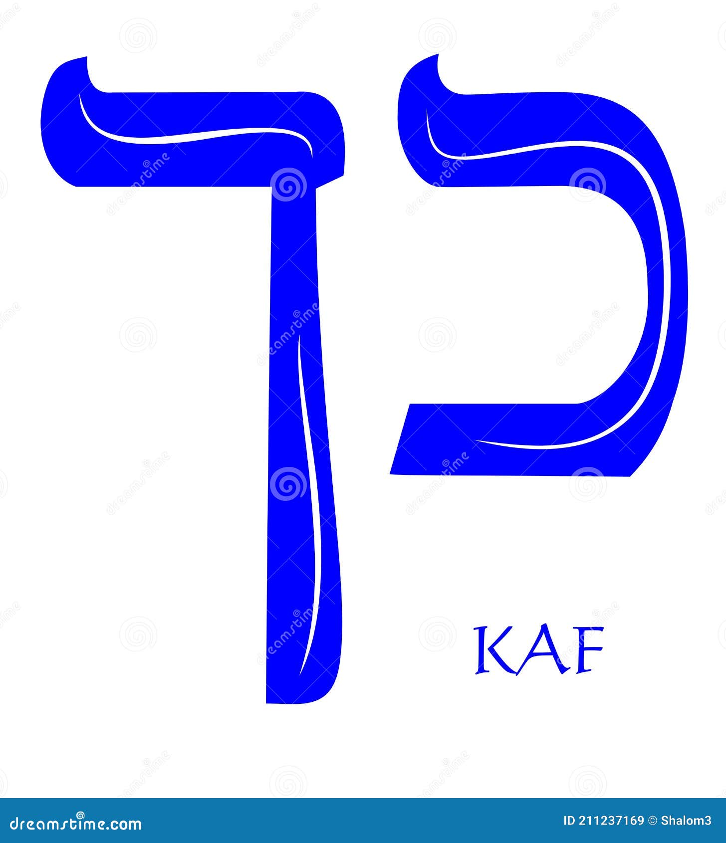 hebrew alphabet - letter kaf, gematria fist , numeric value 20, blue font decorated with white wavy line, the