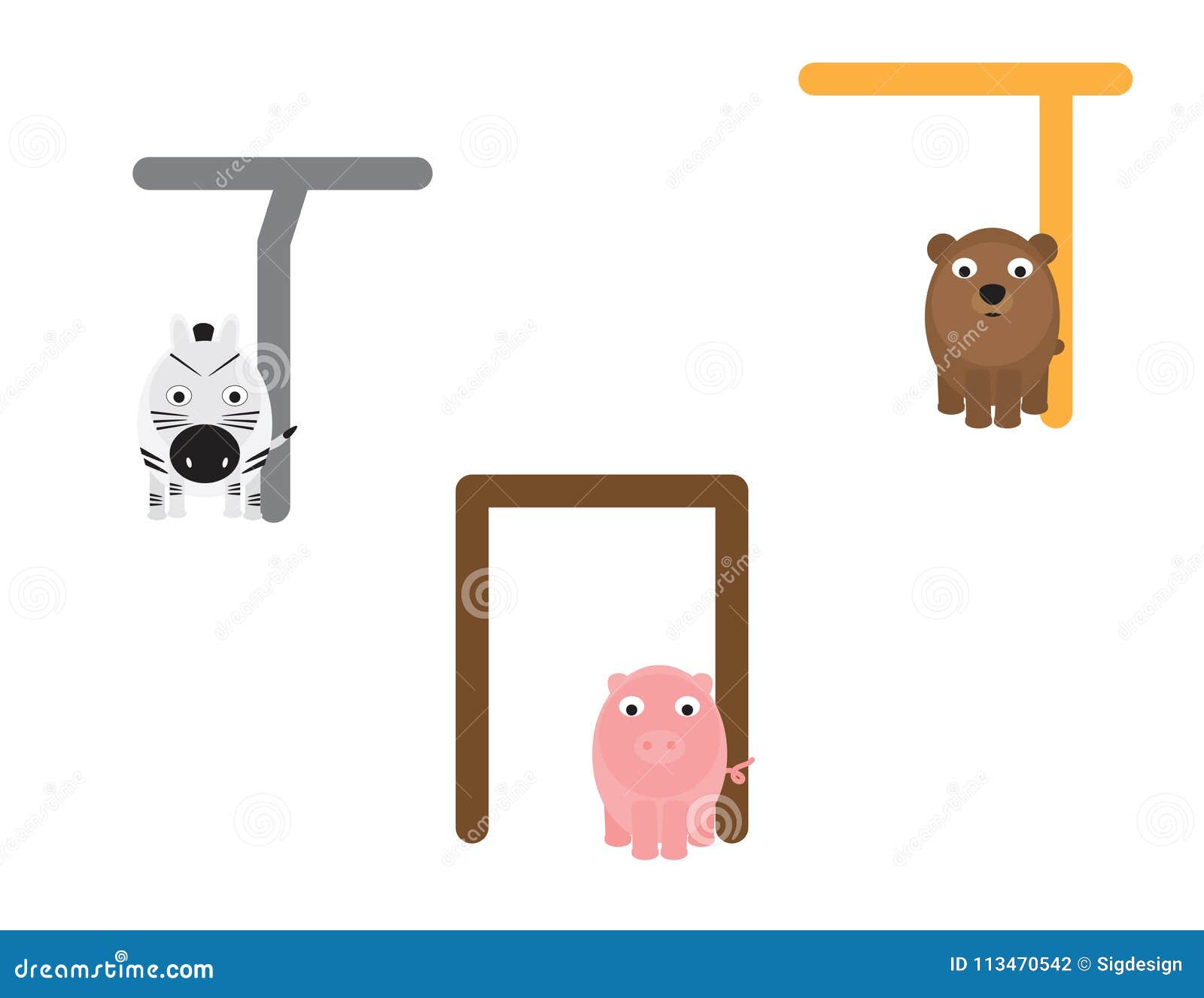 hebrew letters with animals cartoon. bear, pig and zebra