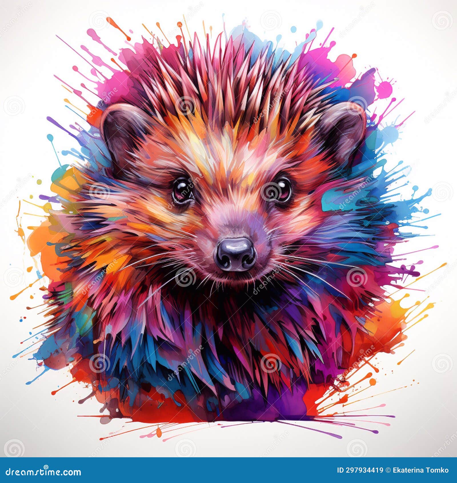 Hedgehog with Colorful Paint Splashes on White Background. Generative