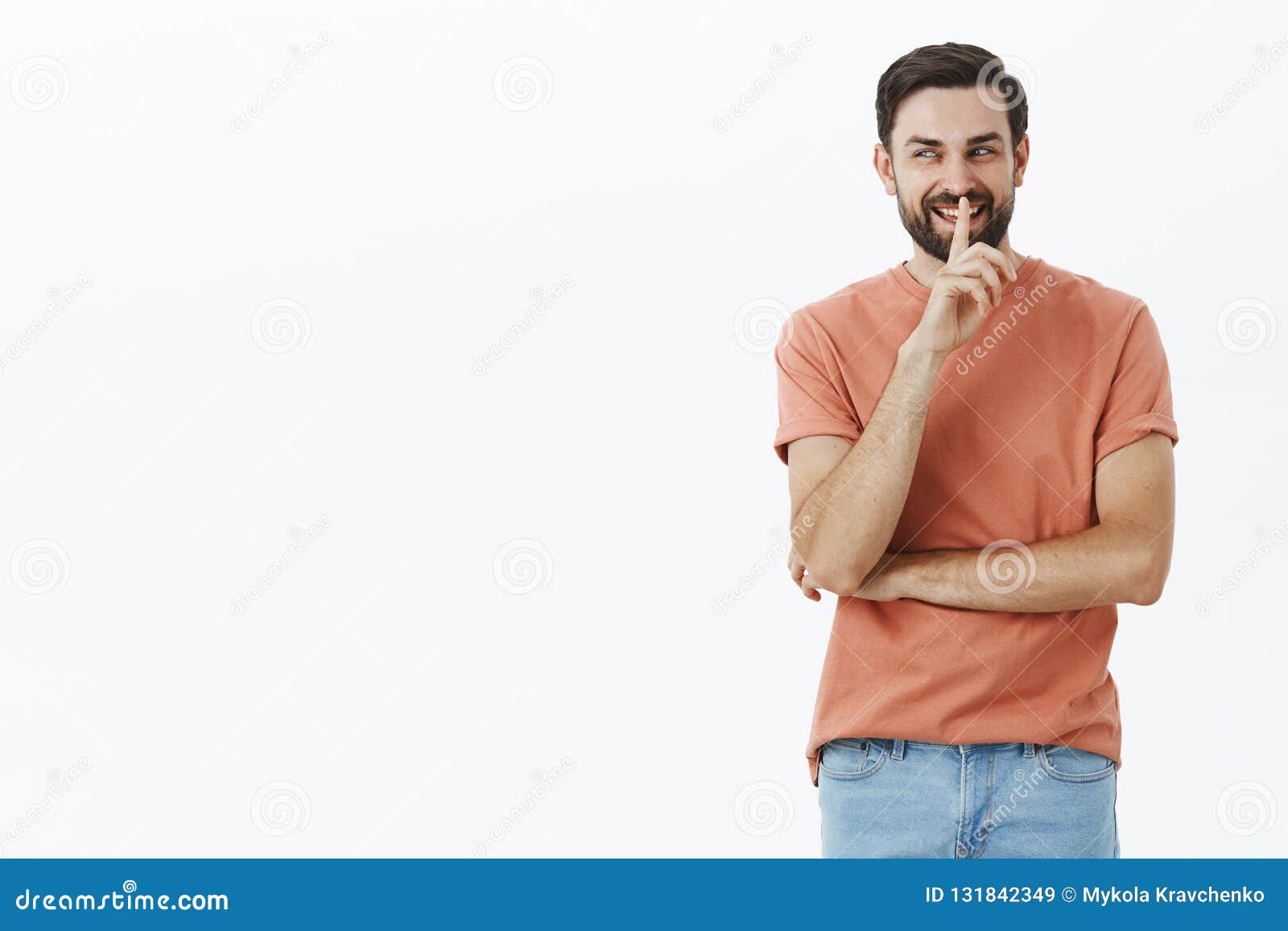 hehe you will surprise. portrait of scheming intriguing and tricky satisfied mysterious bearded husband giggling and