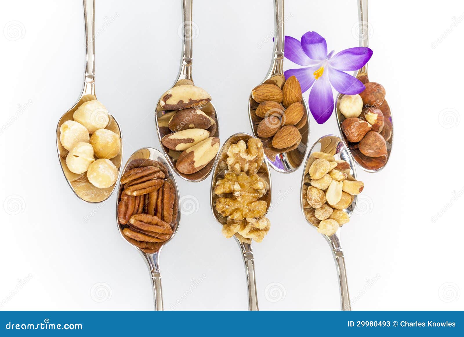 Spoons with healthy snacks stock image. Image of wall 29980493