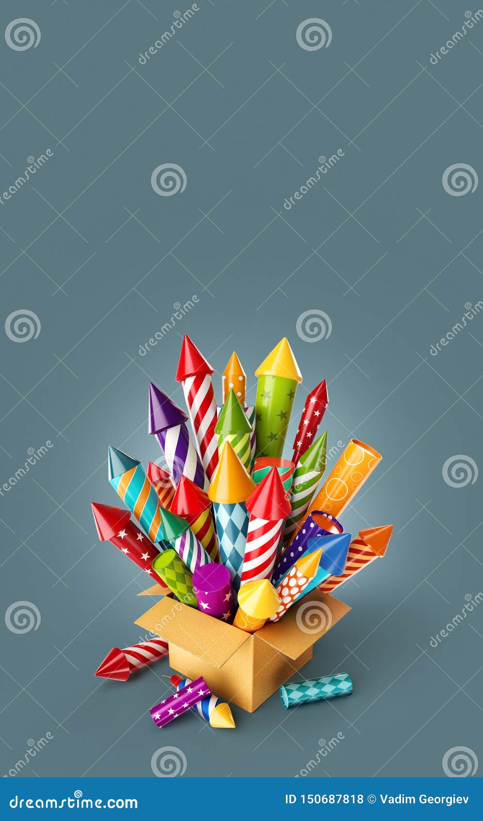 Ongebruikelijke 3d illustratie van heldere kleurrijke vuurwerkraketten in een doos Vakantie en het concept van de Kerstmisviering