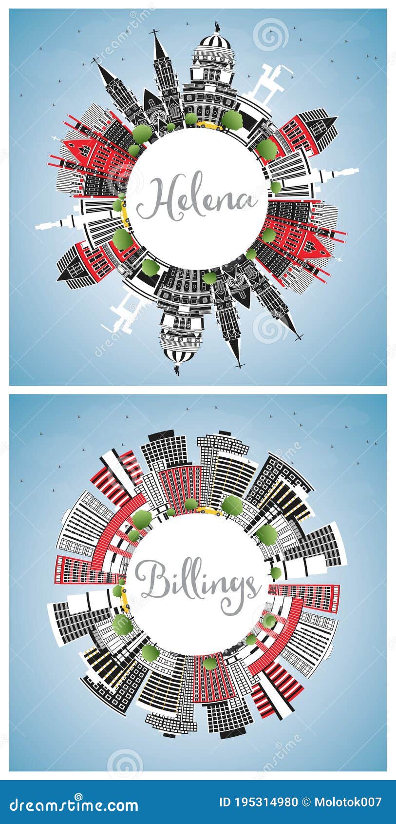helena and billings montana city skylines set with color buildings, blue sky and copy space