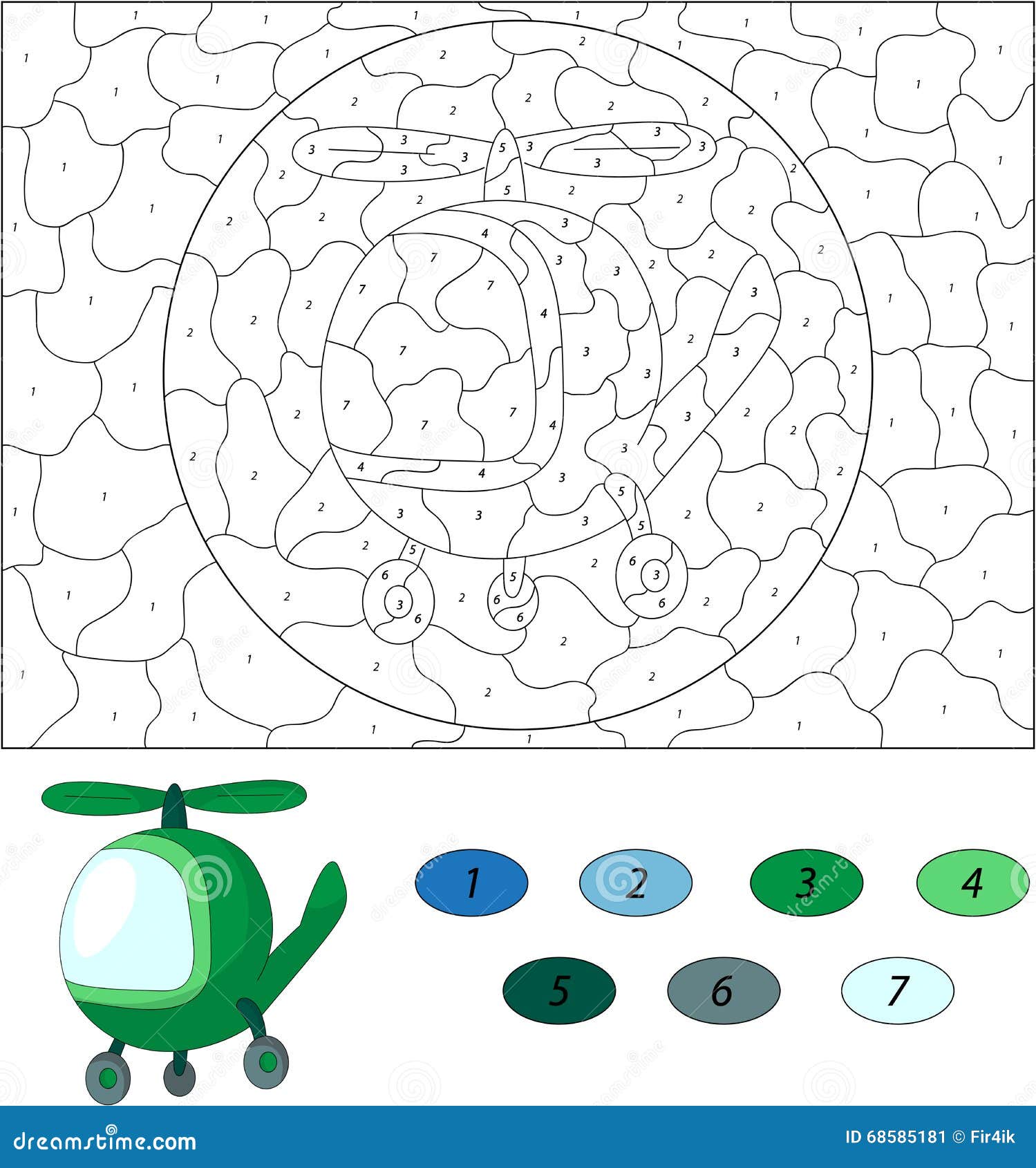 Jogo educativo de colorir engraçado por números com helicóptero de desenho  animado para crianças