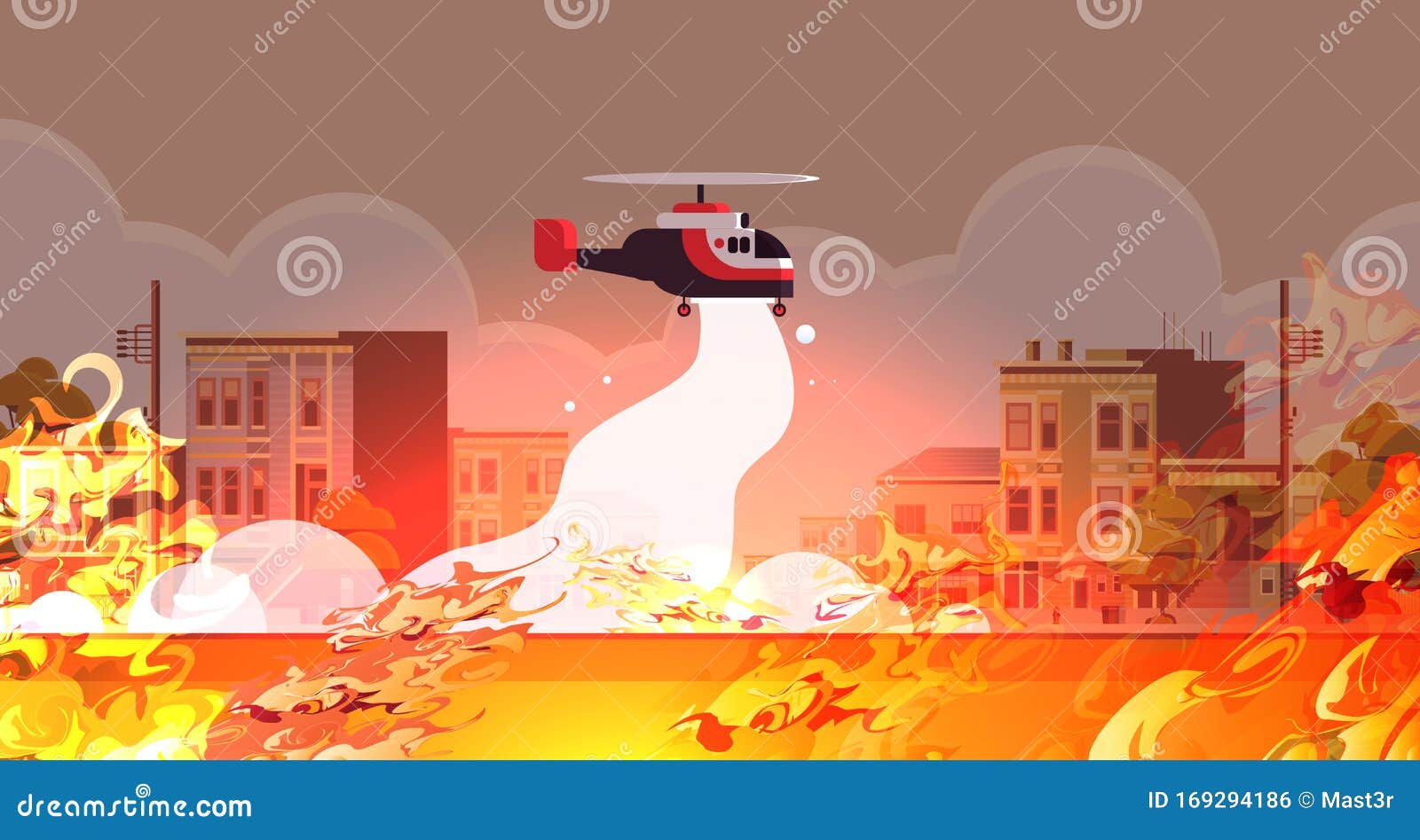 helicopter extinguishes dangerous fire aerial firefighting natural disaster concept intense orange flames city street