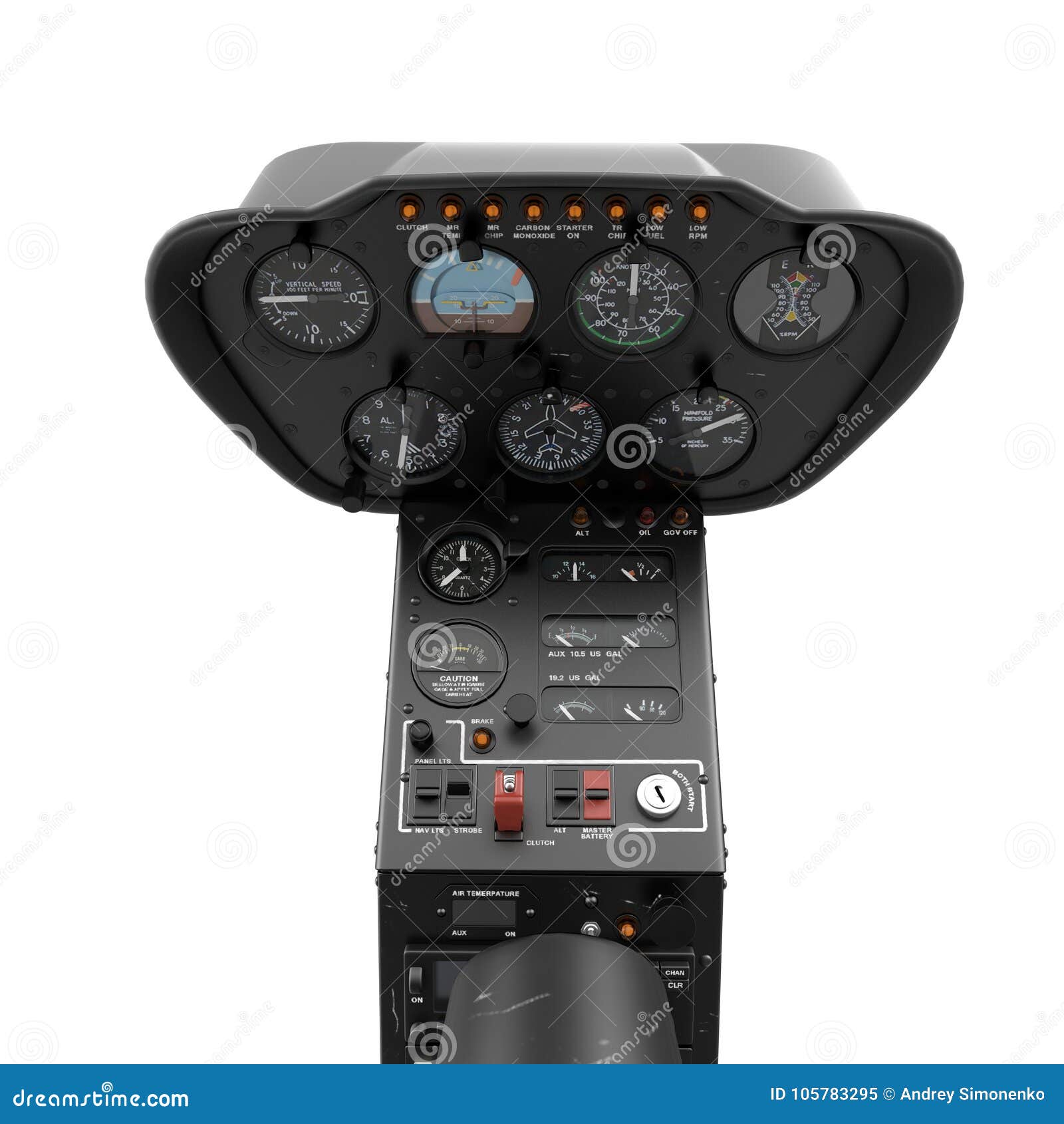 Helicopter Instrument And Control Panel On White. 3D Illustration Stock