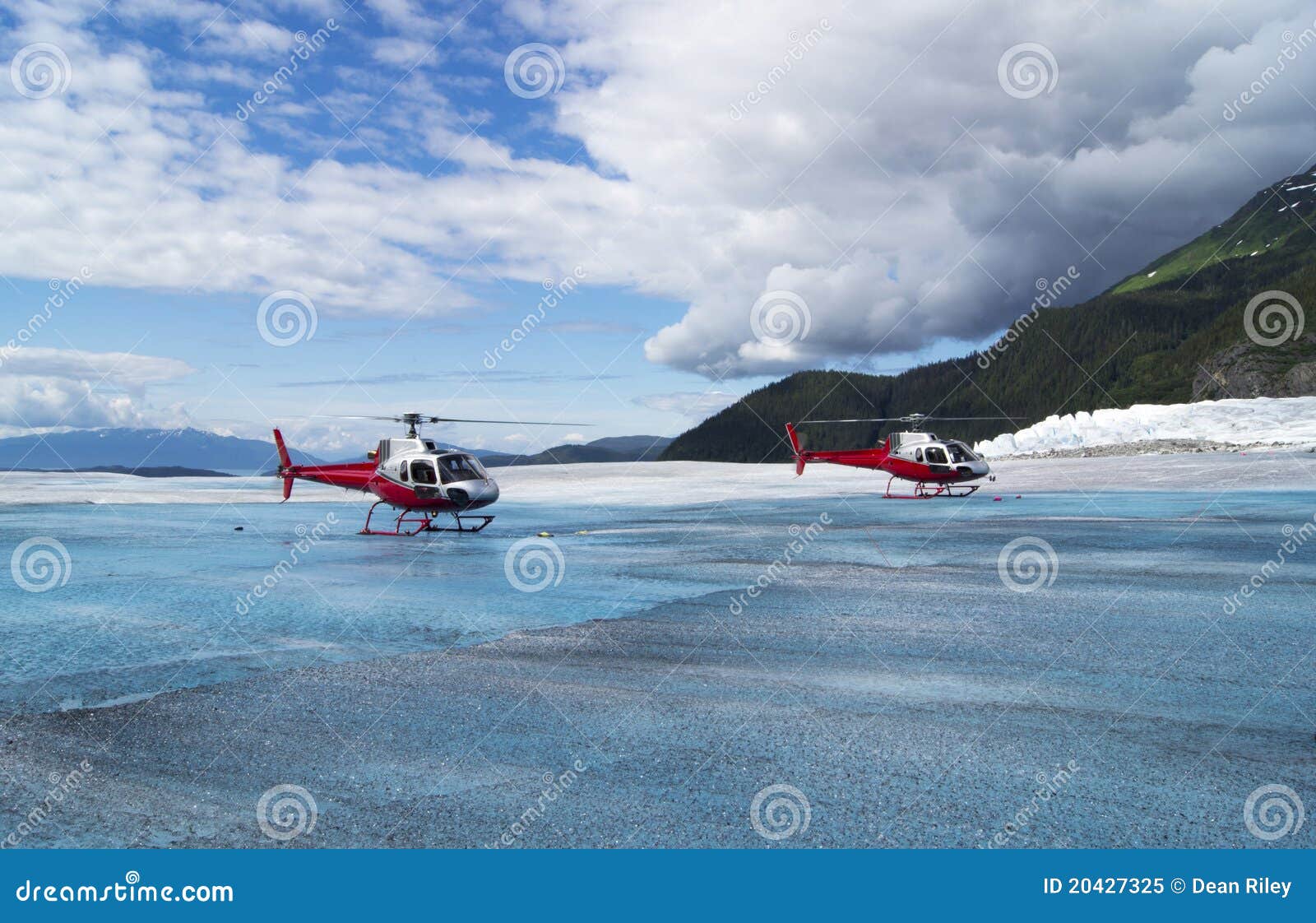 helicopters on a glacier