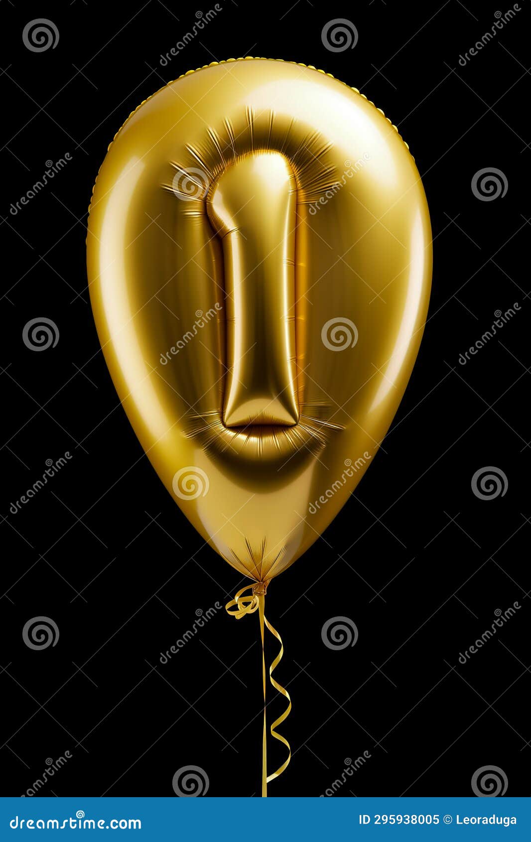 Helium Golden Balloon Shape of Number One, 1. Isolated on Black Stock