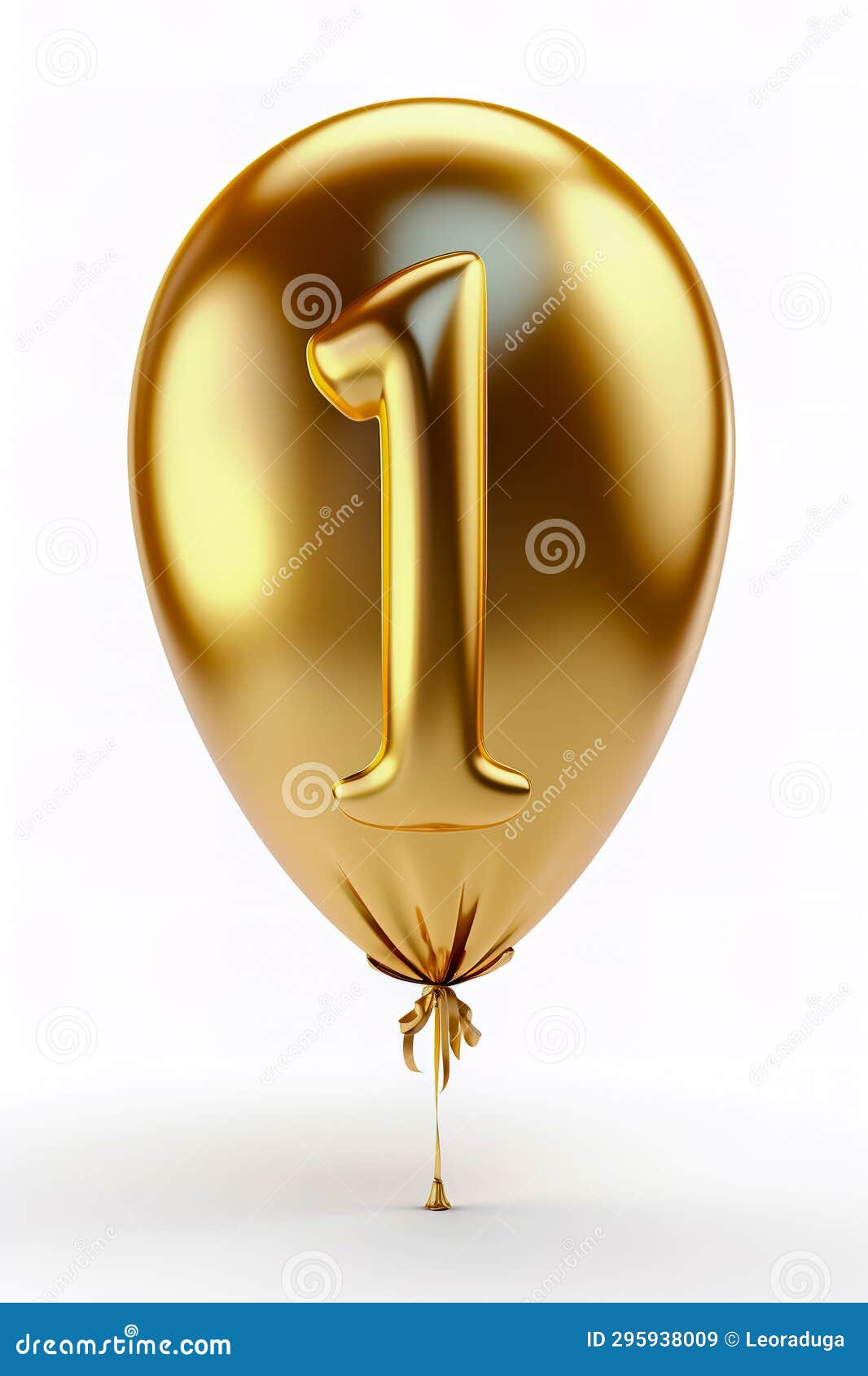 Helium Golden Balloon Shape of Number One, 1. Isolated on White Stock