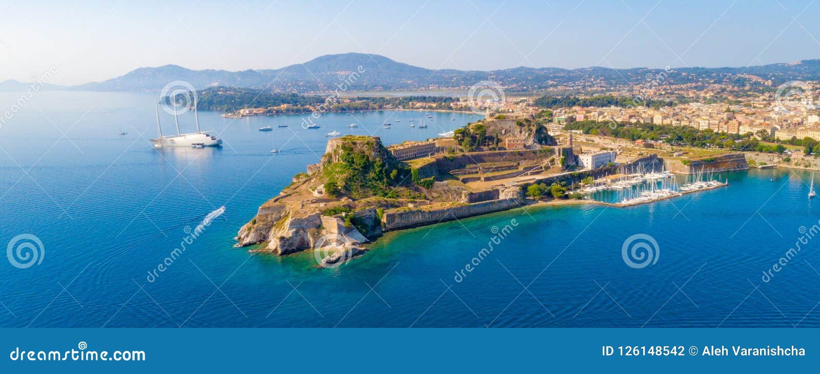 hellenic temple and old castle at corfu, greece